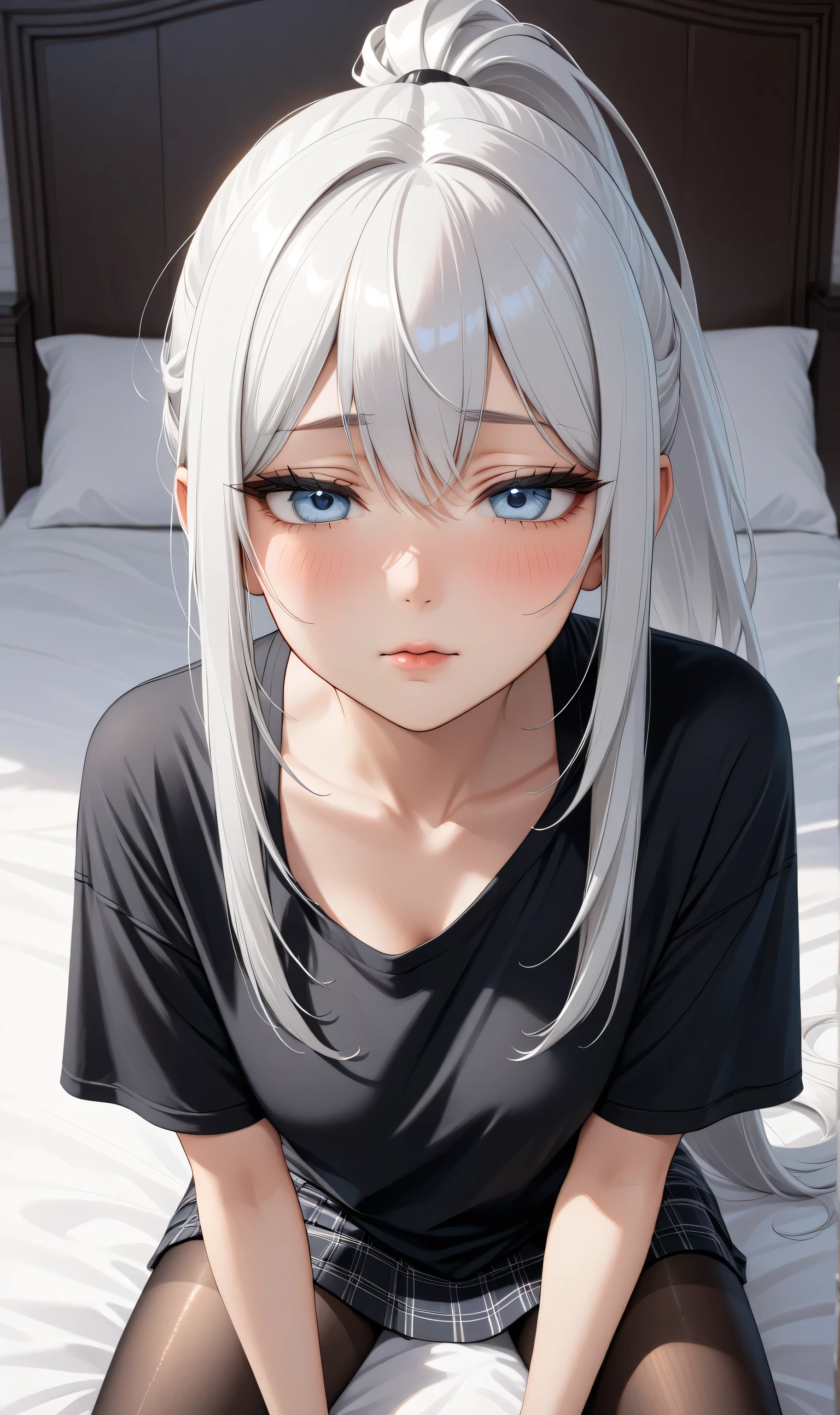 Upper body  ((Ultra detailing)), (very aesthetic, best quality, ultra detailed), intricate details, 1girl, silver hair, silver eyes,((Detailed eyes)), ((Beautifull eyes)), ((prefect eyes)), long hair, ponytail, shy, Licking her lips, Blush , (Disgusted look: 1.2), (Wearing oversize T-shirt, off-Shouder,Skirt, pantyhose), On the bed, Incoming hug
