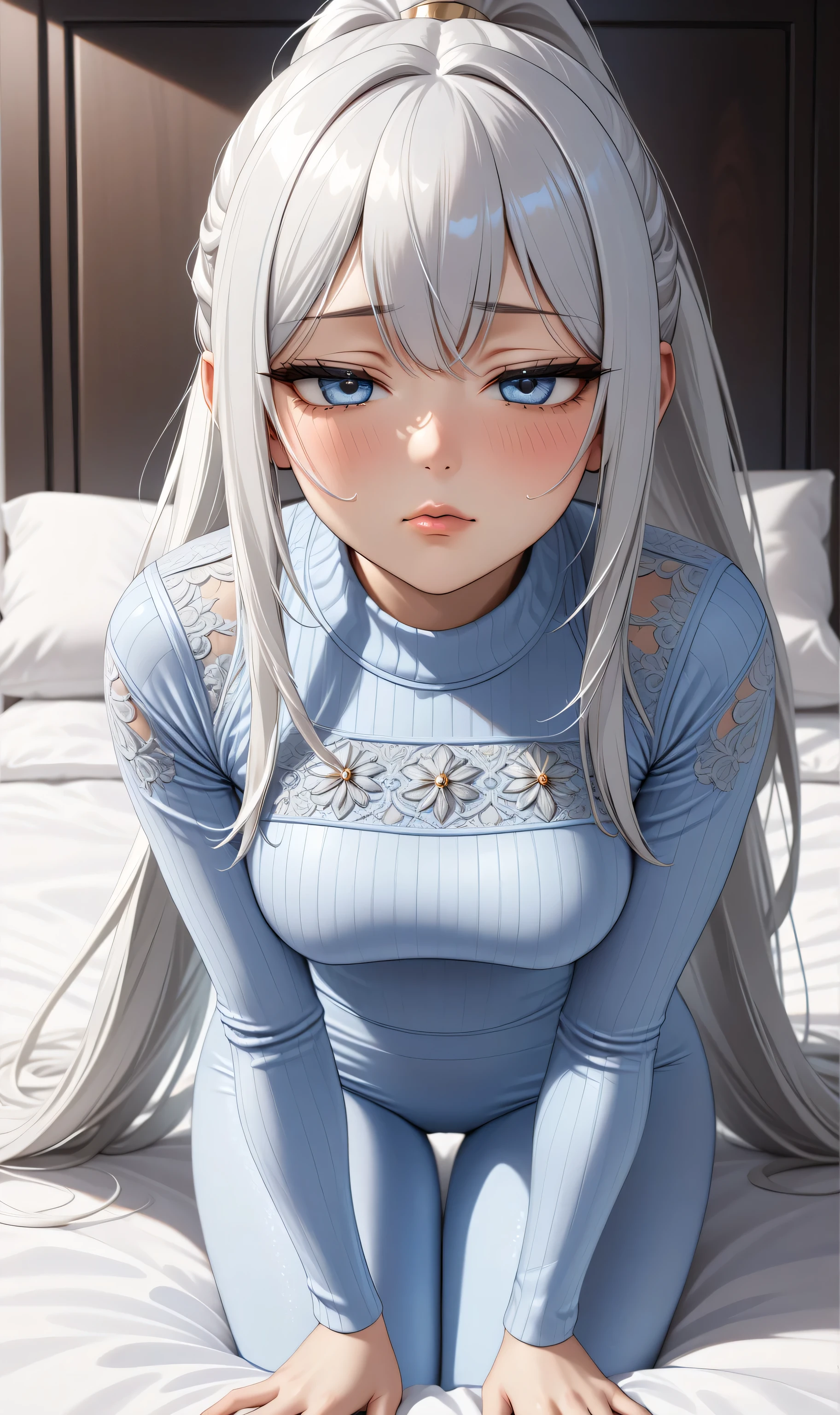 Random sexy pose, ((Ultra detailing)), (very aesthetic, best quality, ultra detailed), intricate details, 1girl, silver hair, silver eyes,((Detailed eyes)), ((Beautifull eyes)), ((prefect eyes)), long hair, ponytail, shy, Licking her lips, Blush , (Disgusted look: 1.2), casual tight dress, On the bed