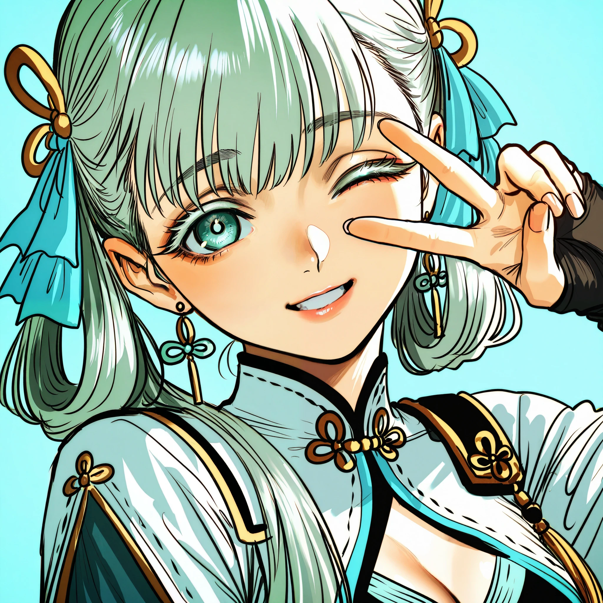by Hoshi San 3, by Kotteri, by umikochannart, sketch, 1girl, Jinhsi (wuthering waves), colored eyelashes, peace sign, v over eye, single hand up, looking through fingers, one eye closed, single eye focus, fisheye, smile, looking at viewer, teal background, simple background, masterpiece, best quality, amazing quality, very aesthetic, high resolution