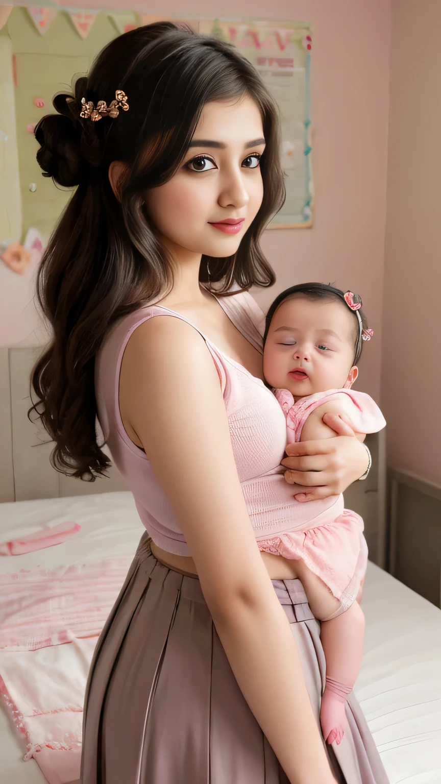 Bedroom photo of 20yo  in school school photo in school masterpiece, (photorealistic:1.4), best quality, beautiful lighting, skirt and tank top, Eleanor Pakistani girl   with his cute  new born biful boy baby with  pic 20yo Old  Plus Size Model Bun lHair Bun Hair Long extremely curly Hair Lifts Skirt Up Raised Skirt, and hair Pink ribbon and (((desi girl))), with his cute little new bor boy baby pith chubby facatural skin, wearing hot deep neck top and dupatta,Bedroom  background, bokeh sexy waist and style 
