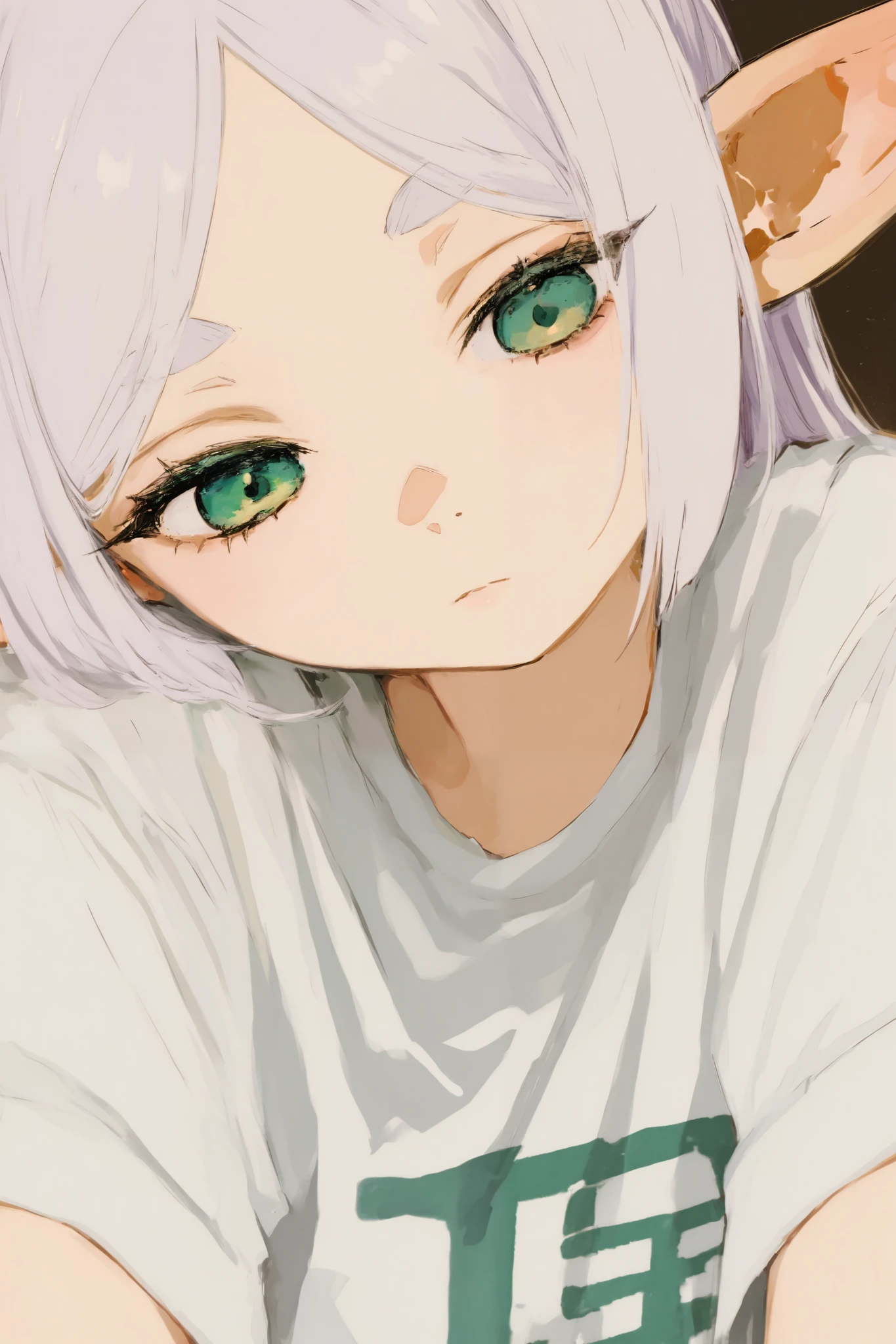 Frieren, elf, white hair, close up shot, green eyes, wearing a plain baggy White T-shirt,1girl, Solo, High Resolution,