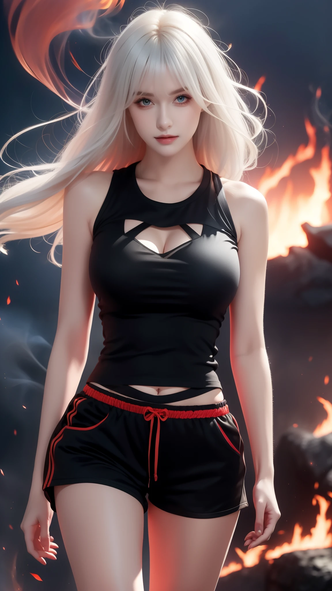 Beautiful woman artwork, white hair flying in the wind, big breasts, sexy, voluptuous, hourglass figure, walking towards the viewer, artistic angle, scary look, red eyes, on the battlefield, dark background with smoke and fire. best image quality, t-shirt, shorts outfit.