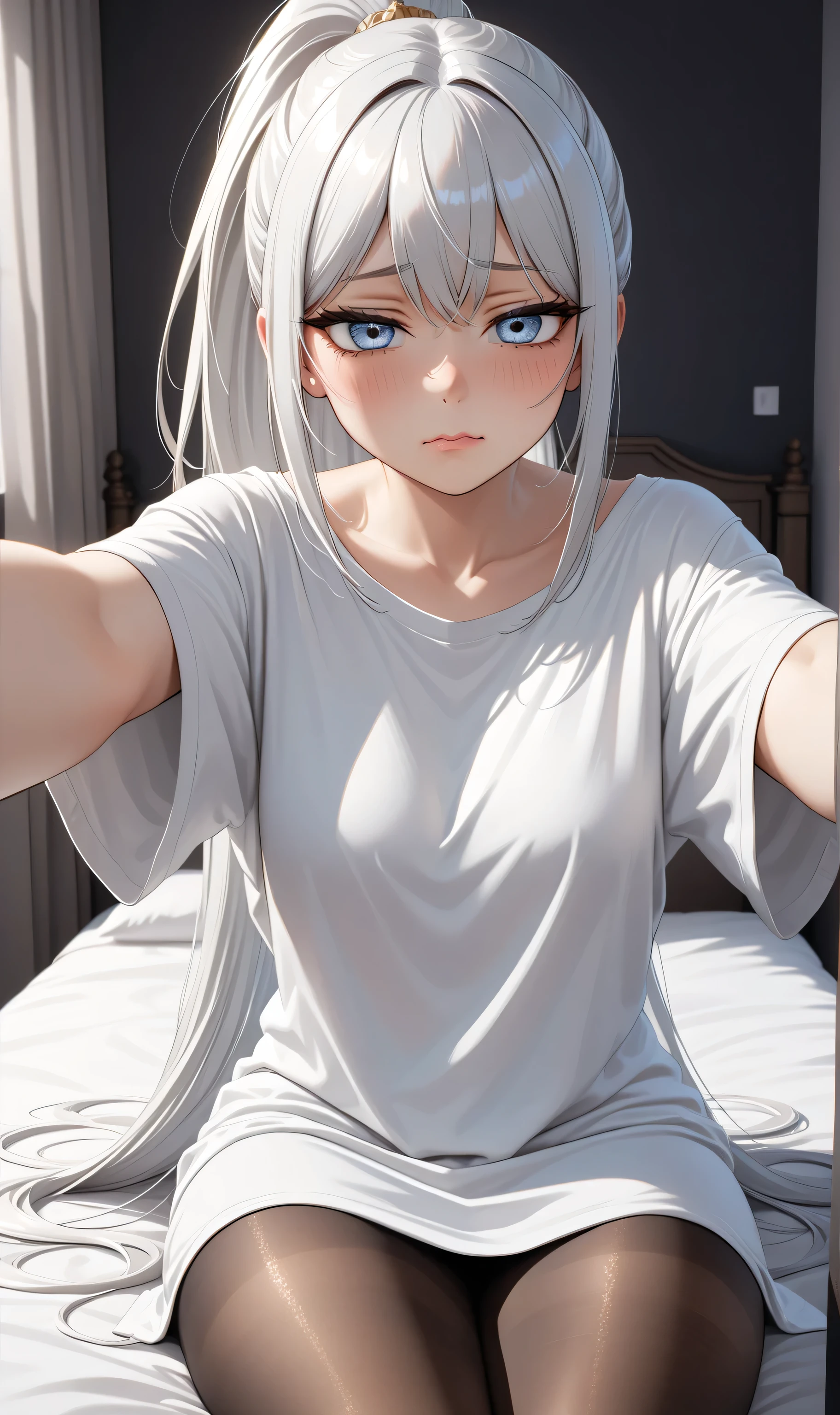 Upper body ((Ultra detailing)), (very aesthetic, best quality, ultra detailed), intricate details, 1girl, silver hair, silver eyes,((Detailed eyes)), ((Beautifull eyes)), ((prefect eyes)), long hair, ponytail, shy, Licking her lips, Blush , (Disgusted look: 1.2), (Wearing oversize T-shirt, off-Shoulder,Skirt, pantyhose), On the bed, Incoming hug