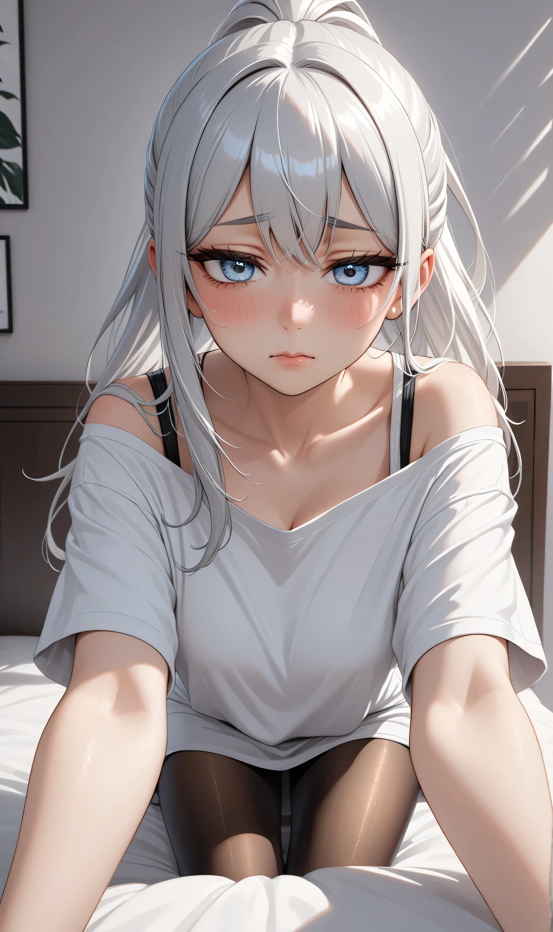 Upper body ((Ultra detailing)), (very aesthetic, best quality, ultra detailed), intricate details, 1girl, silver hair, silver eyes,((Detailed eyes)), ((Beautifull eyes)), ((prefect eyes)), long hair, ponytail, shy, Licking her lips, Blush , (Disgusted look: 1.2), (Wearing oversize T-shirt, off-Shoulder,Skirt, pantyhose), On the bed, Incoming hug