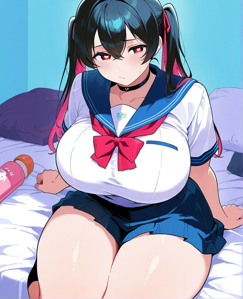 masterpiece, Highest quality, High resolution, Ichigoya, alone, Red neckerchief, , Super large ,pubic hair、Nipples、Areola、Thighs、Navy knee-high socks、High resolution、Colorful