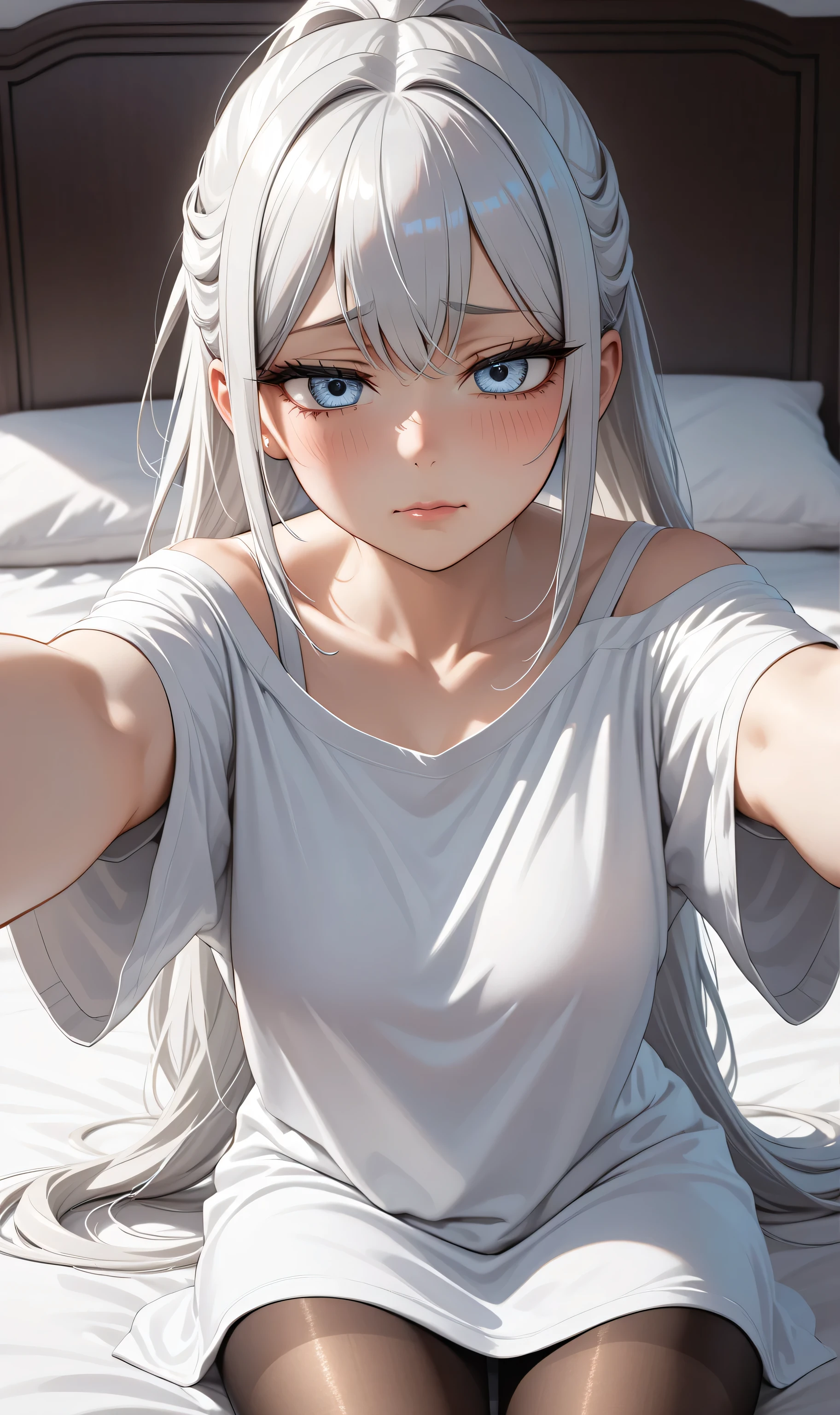 Upper body ((Ultra detailing)), (very aesthetic, best quality, ultra detailed), intricate details, 1girl, silver hair, silver eyes,((Detailed eyes)), ((Beautifull eyes)), ((prefect eyes)), long hair, ponytail, shy, Licking her lips, Blush , (Disgusted look: 1.2), (Wearing oversize T-shirt, off-Shoulder,Skirt, pantyhose), On the bed, Incoming hug