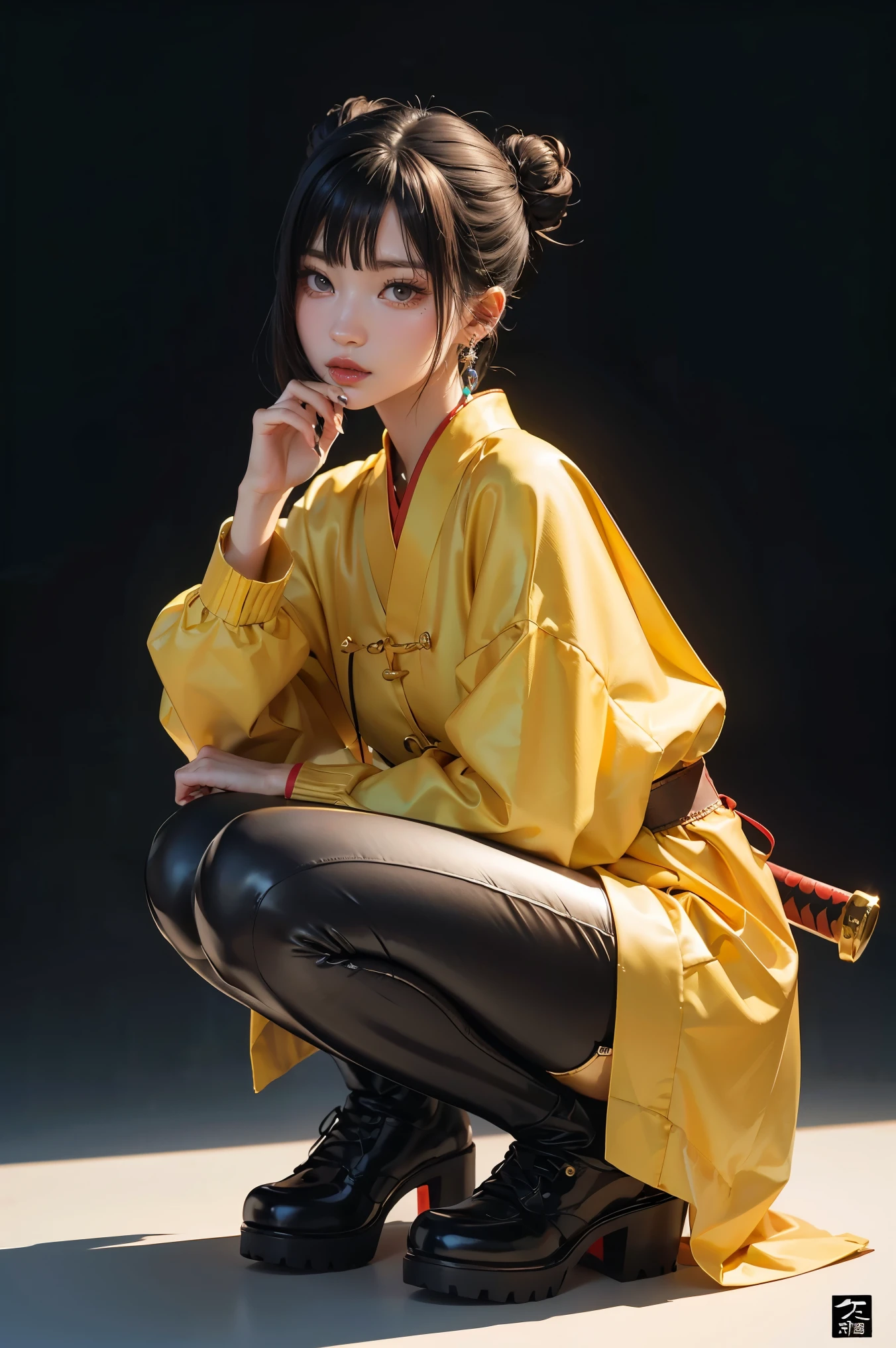 Smoky makeup:2,Black eyeshadow:2,Black lips:2,anatomical correct:2,solo,1sword
xuer ai yazawa style girl,1 Girl,Solitary,Black Hair,Hair Bun,Chinese clothes,Keep,Keep weapon,twice as good,Bangs,blunt Bangs,One knee,looking at the audience,Jewelry,earrings,black background,Long sleeve,eastern dragon,Samurai sword,Shut up,tight shiny leggings,dragon,golden footwear,Eze,Anatomically correct:2,(disgust:1.3),Ultra-high resolution,((masterpiece))),(((best quality))),((Super detailed)),((extremely delicate and beautiful)),Solitary,ezh