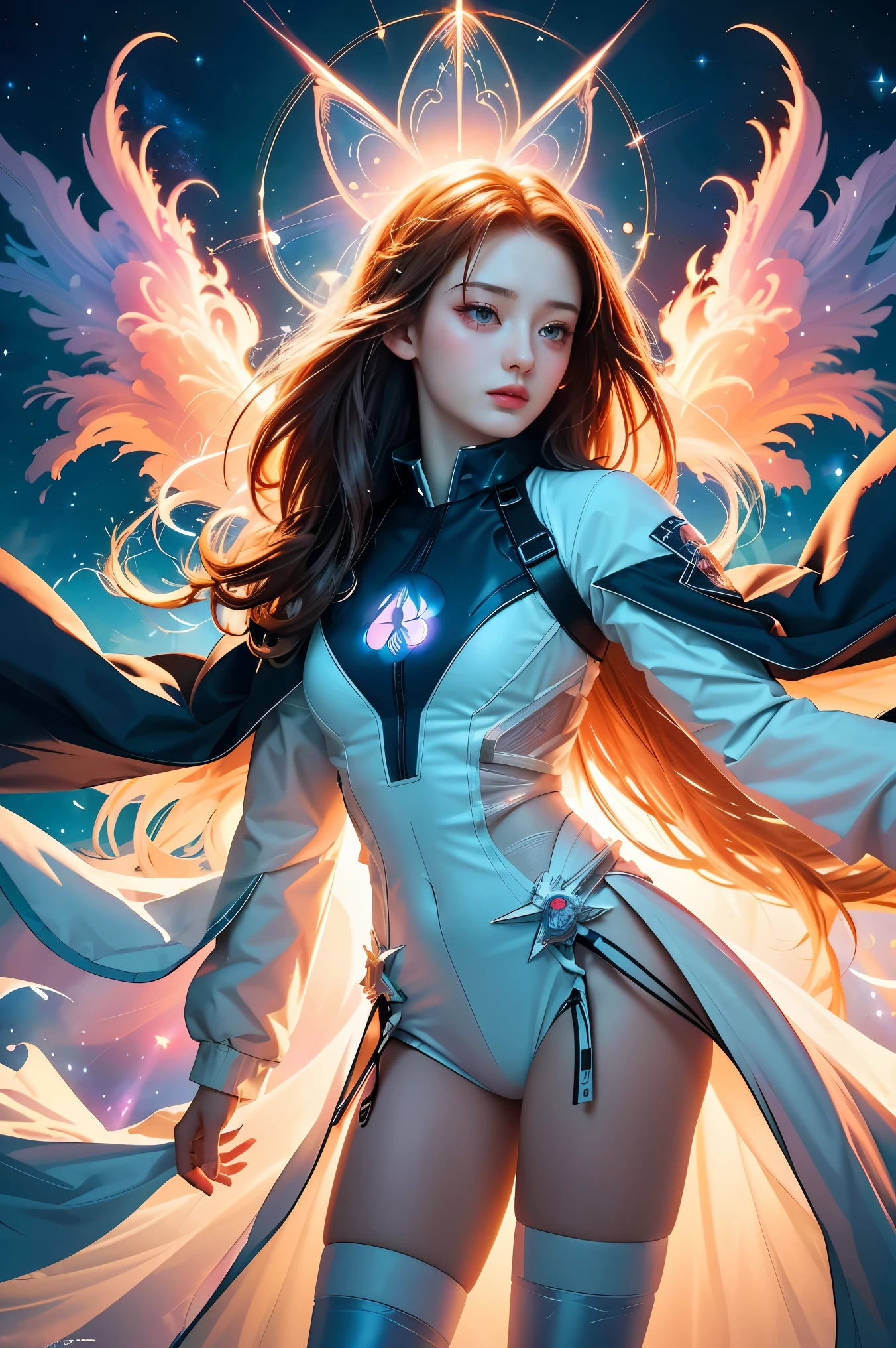 (alone) inconceivable and spectacular an emergency scene of a cloud figure Sophie Turner in a cosmic cloud, Fractal Nebula, cosmic, heavenly, Vibrant and vivid entities, whirlwind, spinning, unrealistic, high contrast, symbolism, Magic, mystery的な, mystery, surreal,