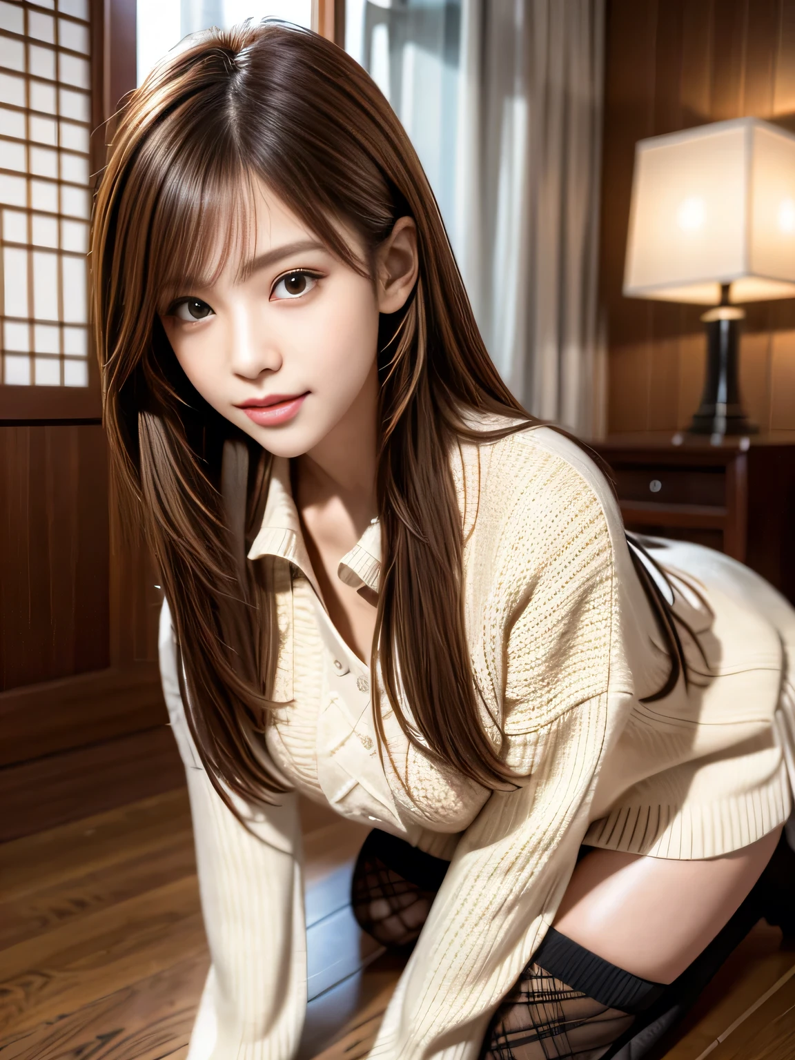 masterpiece, best quality, ultra-detailed, hyperdetailed, realistic, sharp features, highly detailed, sharp focus, Realistic, Photorealistic:1.3, (19 years old:1.3), perfect face, perfect symmetrically eyes, perfect lips, hyper detailed, hyper realistic, high resolution, Fashion Model, Japanese Idol, Slender, brown hair, Stylish, model poses, Beautiful Face, light brown hair, (seductive smile:1.2), (looking at viewer), cinematic lighting, blurred background, (Argyle knit:1.2), (miniskirt), ((black high socks)),