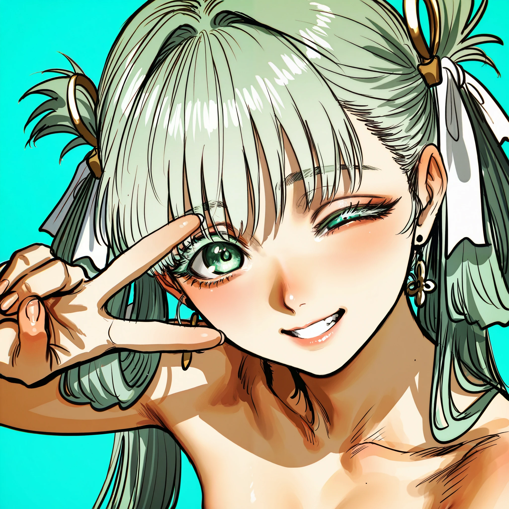 by Hoshi San 3, by Kotteri, by umikochannart, sketch, 1girl, Jinhsi (wuthering waves), hair rings, twintails, long hair, colored eyelashes, peace sign, v over eye, single hand up, looking through fingers, one eye closed, single eye focus, fisheye, nudity, sfw, smile, teeth, head tilt, looking at viewer, teal background, simple background, masterpiece, best quality, amazing quality, very aesthetic, high resolution