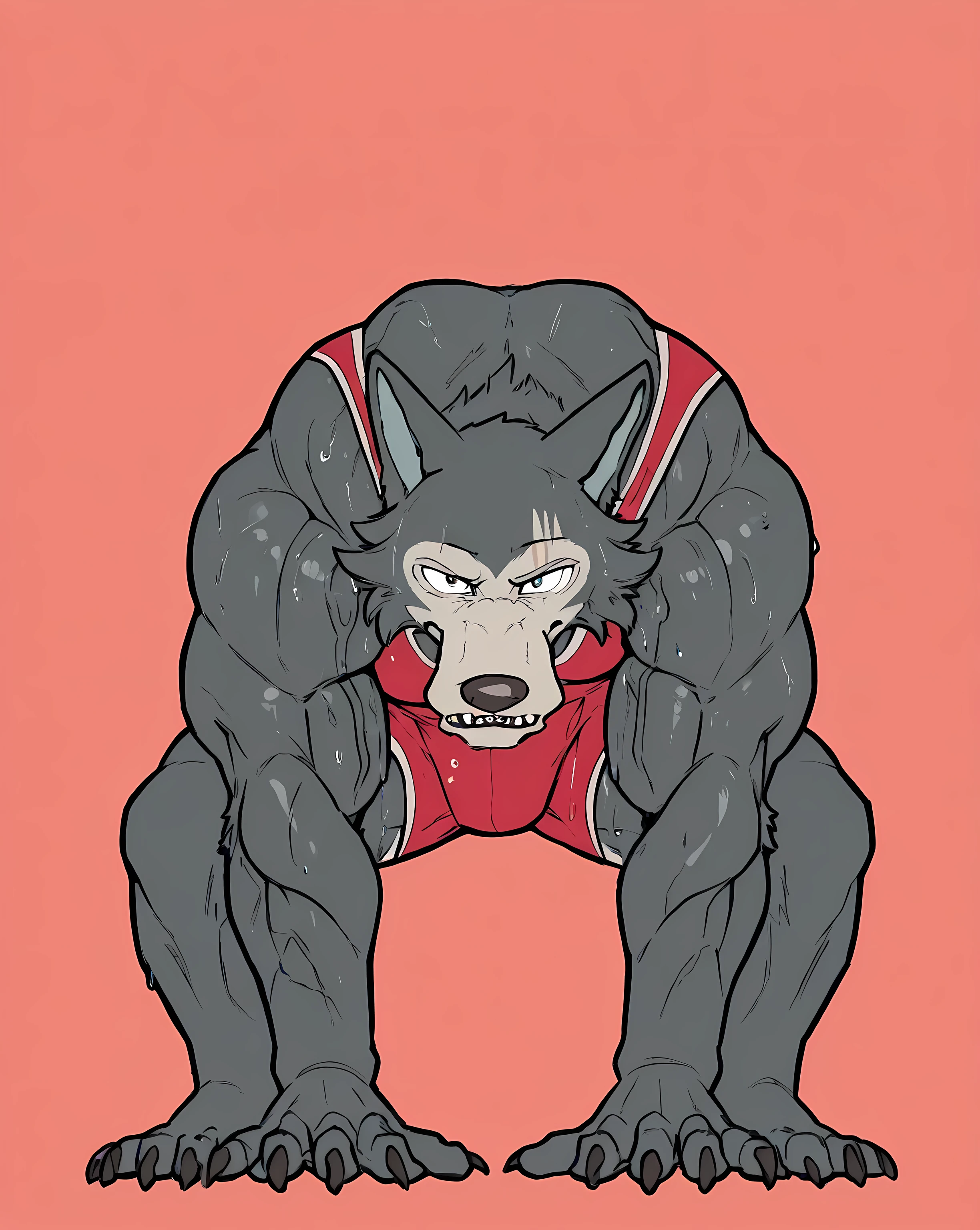 l3gosh1, beastars, male, solo, wolf, muscular, athletic, masculine, (small eyes), flat color, wrestling_singlet, simple background, sweaty body, veiny arms, bulging muscles, (wrestling stance, dynamic pose), bulging muscles, exhausted, panting, tired, glistening muscles, looking at viewer