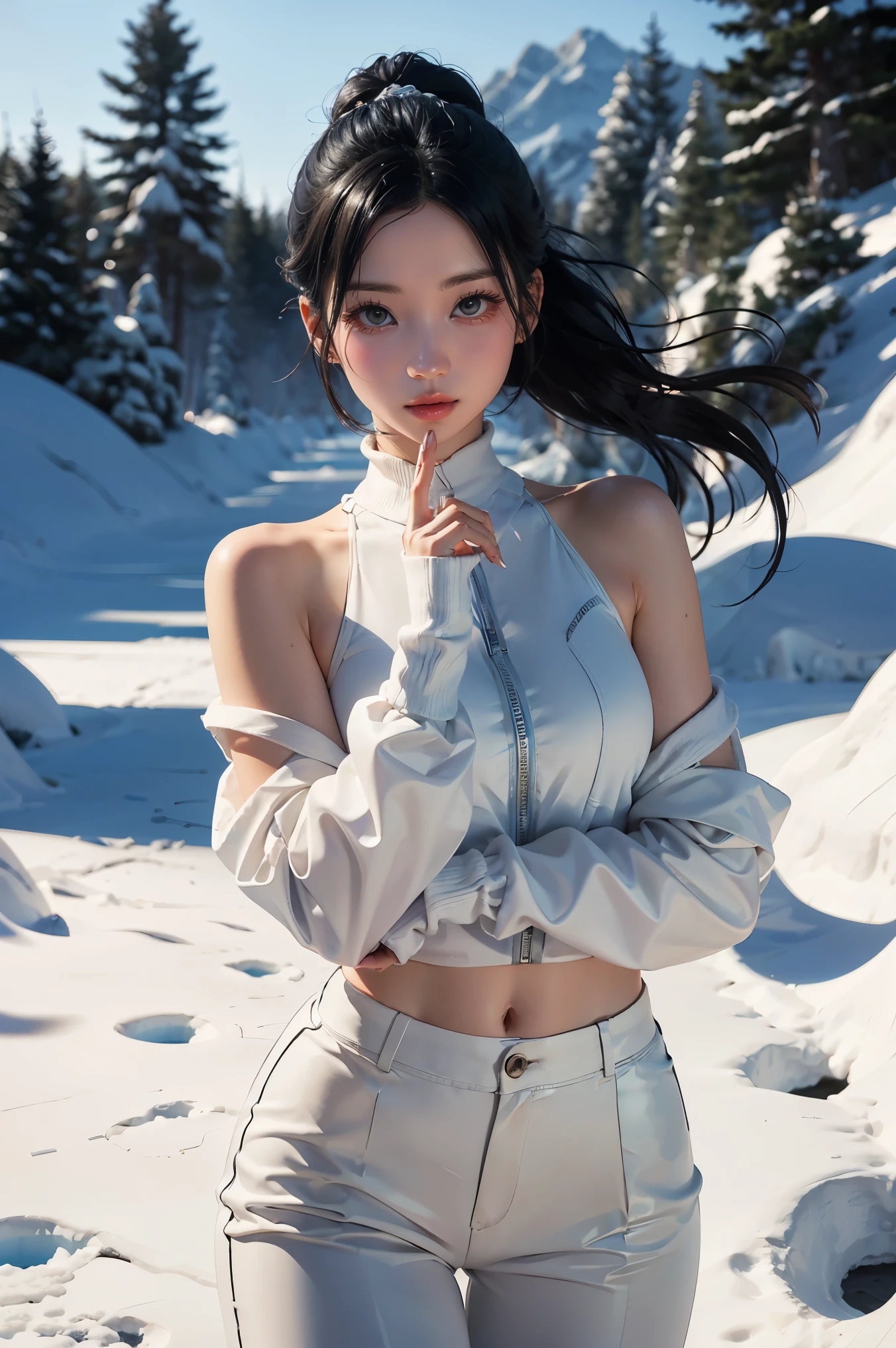 A petite and elegant woman in white suit with a calm, confident demeanor, standing approximately 5'2". She has shoulder-length black hair that flows gently around her face, almond-shaped eyes, and a soft, radiant complexion. She wears a sleek combat outfit ((white suit and trousers)), featuring icy blue and white tones that reflect her mastery of ice magic. Frost patterns adorn her sleeves and boots,Summoning sharp icicles in mid-air with her hands glowing in a frosty aura.
