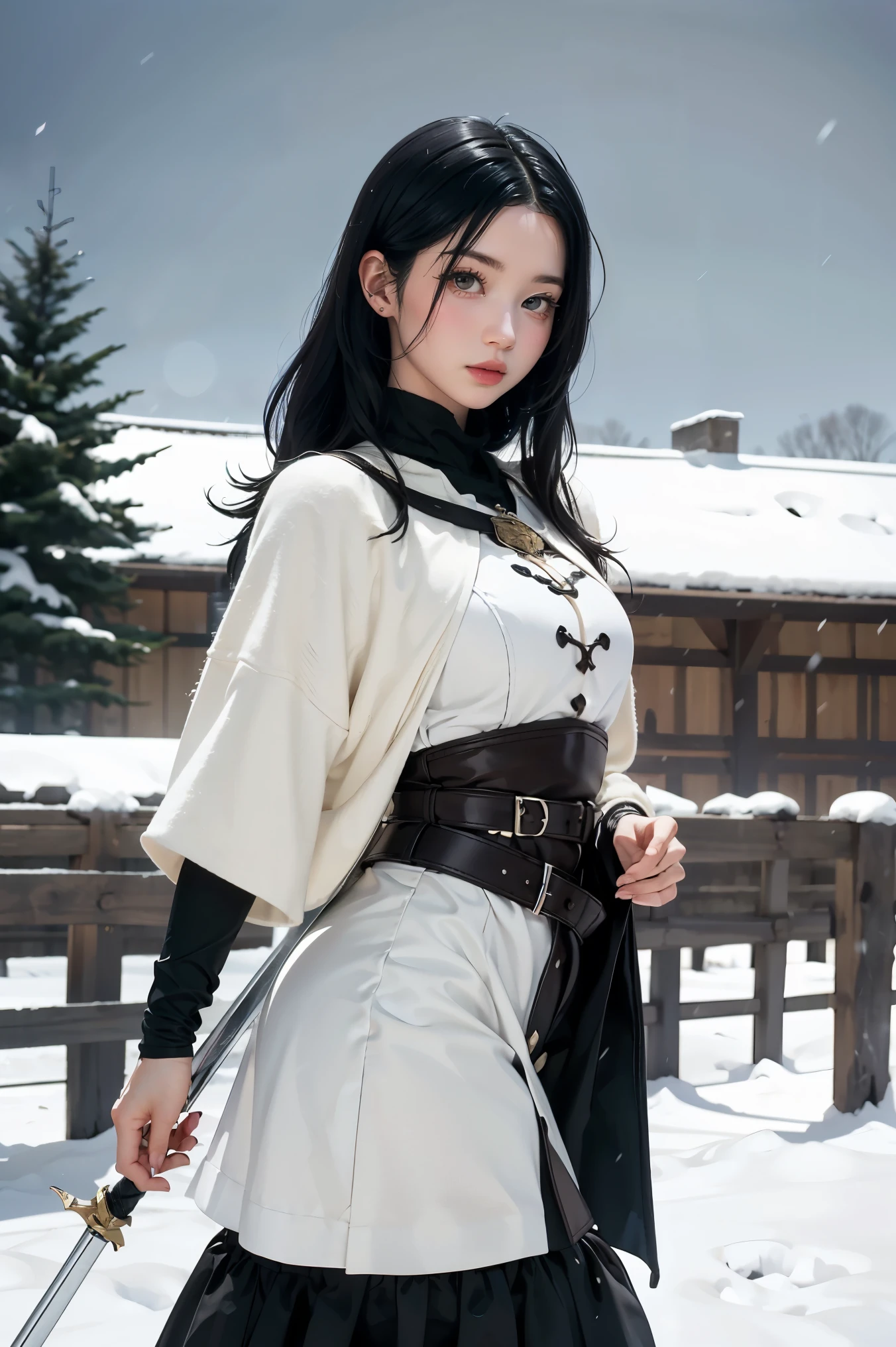 Young woman, Black hair, Wearing black medieval European clothing, Walking in the falling snow, A white spear is in her left hand., There is a large white magic circle., Manga drawing style, realistic 2.5D