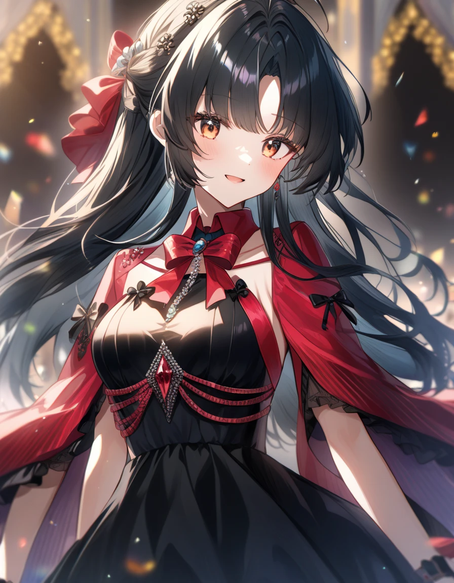 It's snowing, (1 black long hair girl, Detailed red eyes:1.3, Glossy:1.1 bite, Wearing red formal clothes with sequins, Charming smile, Standing), in balcony.masutepiece, beautiful detailed growth.