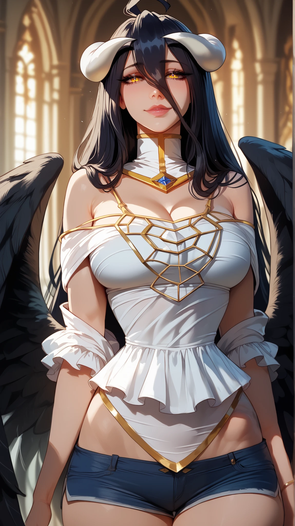 Albedo style, black hair, perfect eyes, perfectly sexy face, ultra detailed, ultra perfect eyes , big beautiful woman , standing, dark blue shorts, Body, Looking at the viewer,