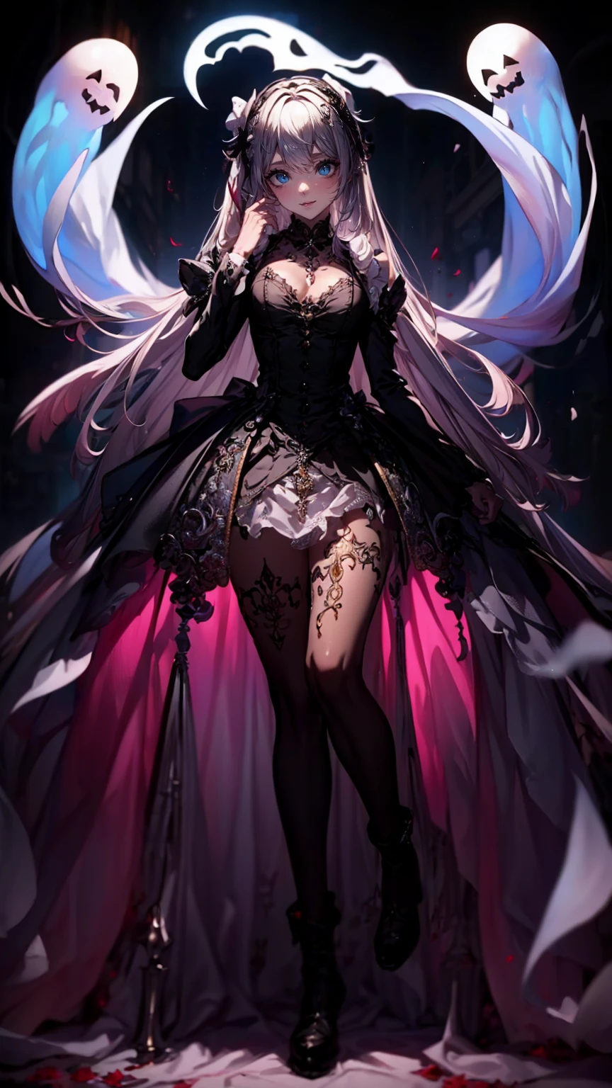 Beautiful Immortal Emperor,Beautiful face,Long legs and thin waist,huge boob,Dressed in black Lolita played,Holding a delicate flower in his hand,Hair like snow,Purple pupils。realisticlying,Eyes are bright as stars,