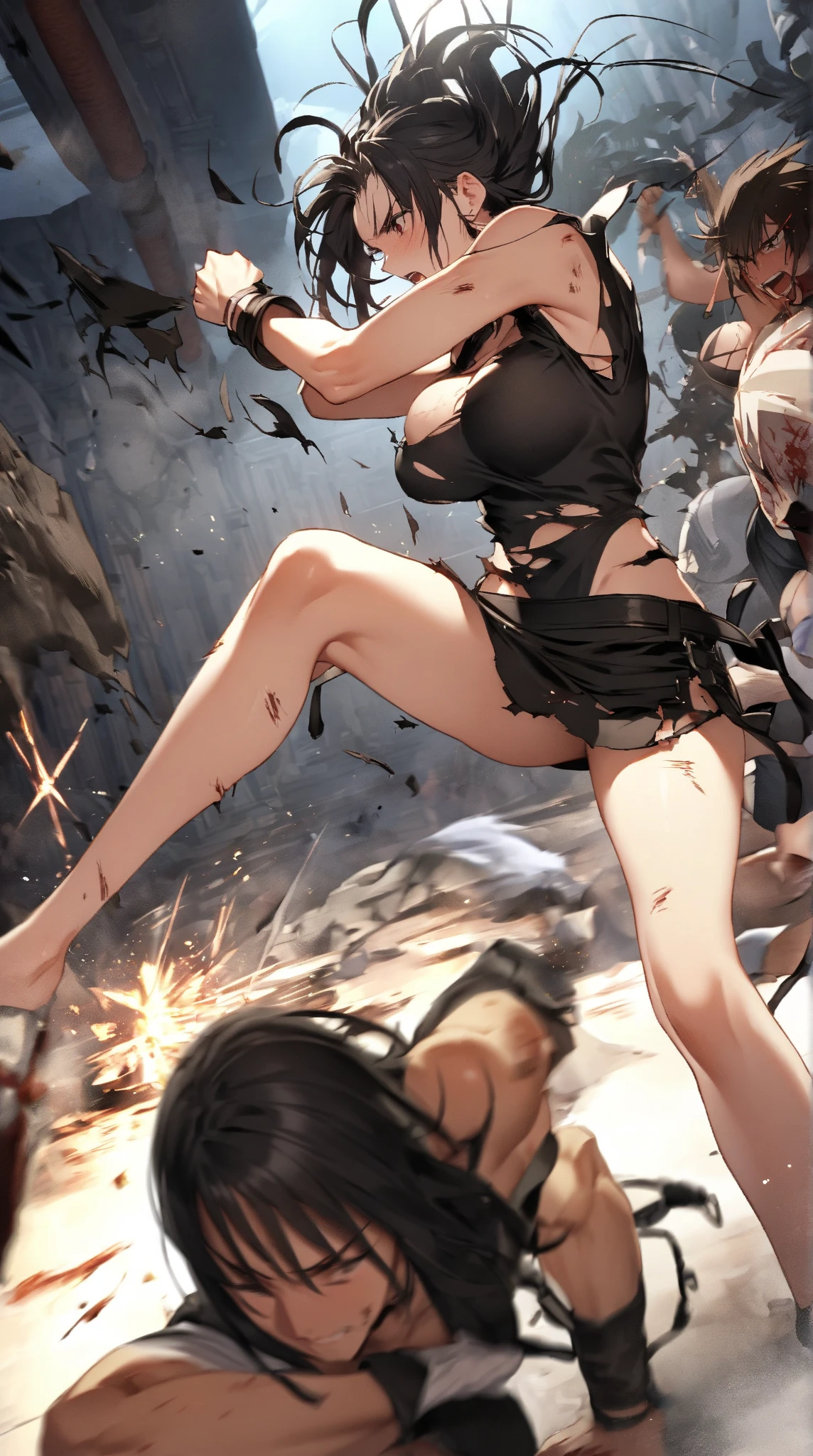 (masterpiece:1.3, Highest quality, Ultra-high resolution, Super detailed), (Realistic, photoRealistic:1.4), Perfect lighting, colorful, Depth of written boundary, Browsing Caution, Surrealism,((Pose with a gun and sword:1.3)),Beautiful detailed hair, Beautifully detailed face, Beautiful fine details, Beautiful valley,Beautiful clavicle, Beautiful body, thin脚,Beautiful feet, Beautiful breasts,Beautiful Hands, thin, 1 girl,Perfect Face, Long eyelashes,21 years old,Perfect Anatomy, Supermodel with a long neck,((Skinny1.3)),looking at the camera,(Perfect Anatomy,Anatomically correct, Highly detailed skin), Shiny skin,((beautiful girl:1.1)),(( large breasts:1.4)),(Mid-length hair:1.4, Wavy Hair:1.2, Black Hair) ,hair over one eye, Dainty facial structure,((A confident smile:1.3 )), (bullet proof vest:1.3),(( ((wearing(black)Maid clothes:1.3 )),criss-cross halter, ((Has an assault rifle)),Long hangerless gloves,Holding a gun in a bold pose,((Destroyed city)),Ruins scary atmosphere,Mood Lighting,naked,spooky,soil,Deep dark background,Complex background,action,Daytime,((Spread legs:1.3)),((wind lift)),((wind effect)),white panties,((from below)),