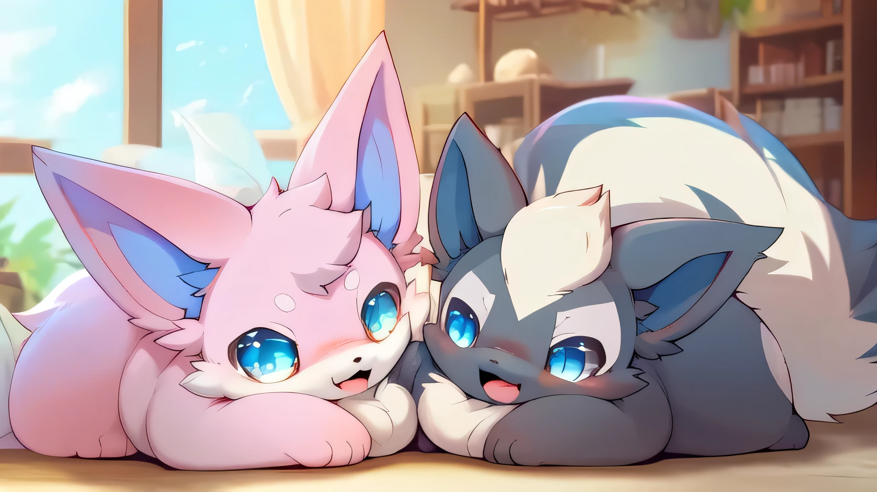 by tenyati , a lobo anthro, cute lobo anthro, kemono, Body shadows , Background of a beautiful room Pastel pink fur , Femboy anthro hair with tongue or fat body super cute anthro with humanoid features very tender and adorable blue eyes anthro Femboy duo skunk