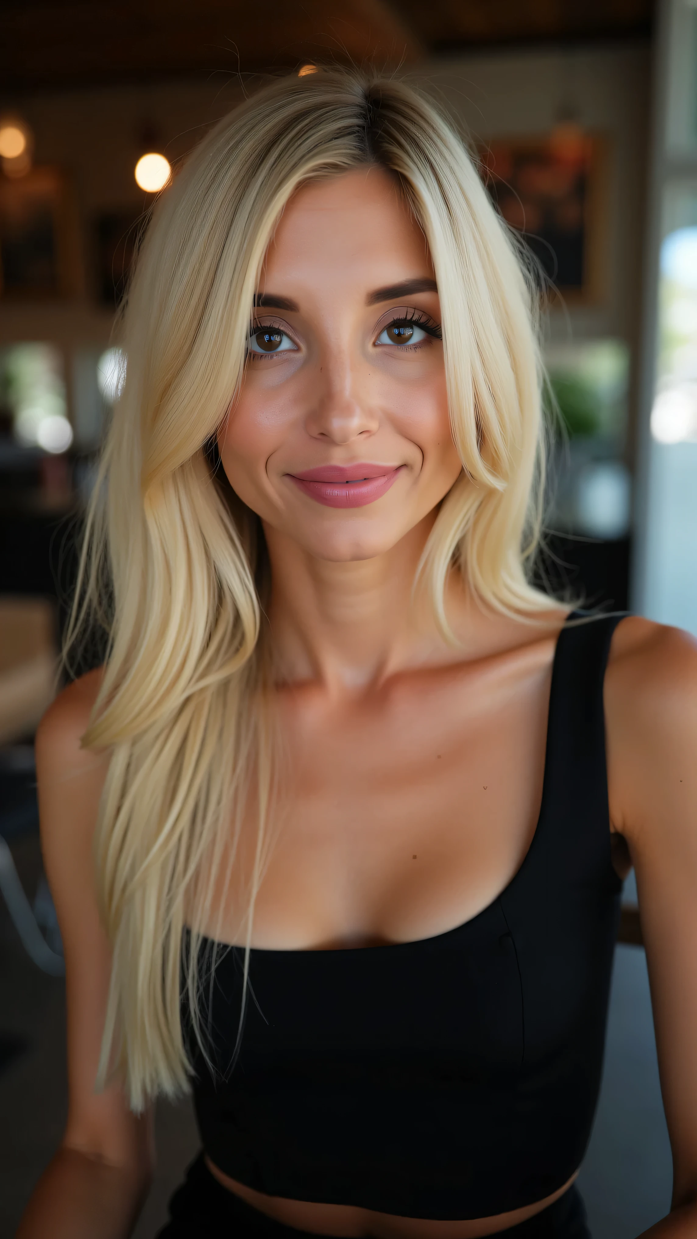This is a beautiful closeup photograph of a woman, she has long straight blonde hair swept to one side and dark blue eyes. Wearing a form fitting black dress, Sitting in a cafe. Flirting at the viewer. Smile, Captured with a Sony A7R IV camera and a 50mm f/1.2 G Master lens for a beauty editorial shoot, this composition highlights her fashion-forward aesthetic. Inspired by avant-garde fashion photography from Sølve Sundsbø, this image blends contemporary fashion and minimalist elegance, embodying mythp0rt and niji_flux styles for a sleek, high-fashion vision. ((glow_skin, iridescent skin, oily skin, portrait)). ((no logo))