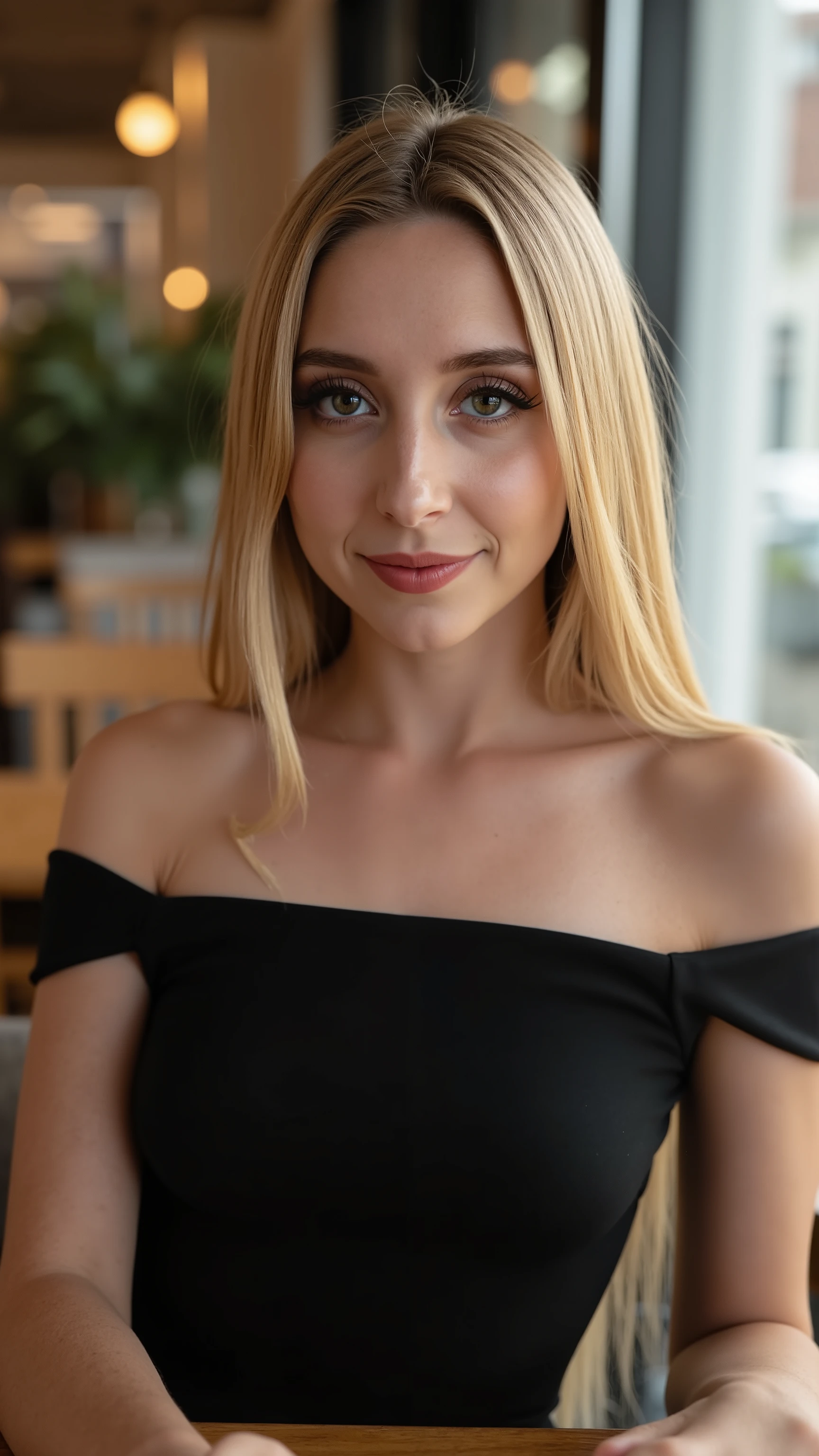 This is a beautiful  closeup photograph of a woman, she has long straight blonde hair and dark blue eyes.  Wearing a form fitting  boatneck dress,  Sitting in a cafe. Flirting at the viewer. Smile, Captured with a Sony A7R IV camera and a 50mm f/1.2 G Master lens for a beauty editorial shoot, this composition highlights her fashion-forward aesthetic. Inspired by avant-garde fashion photography from Sølve Sundsbø, this image blends contemporary fashion and minimalist elegance, embodying mythp0rt and niji_flux styles for a sleek, high-fashion vision. ((glow_skin, iridescent skin, oily skin, portrait)). ((no logo))