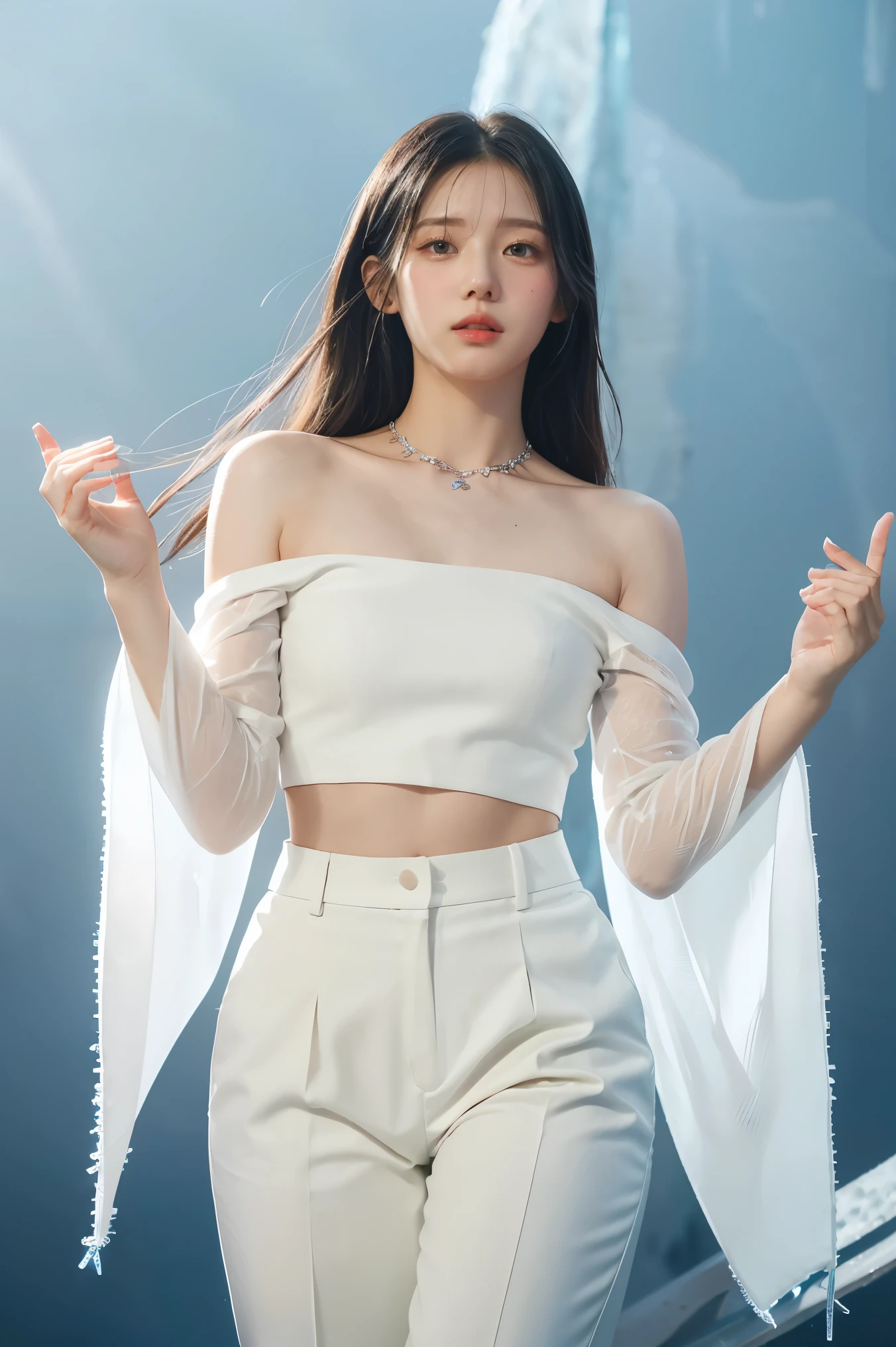 official art, unified 8k wallpaper, super detailed, beauty and aesthetics, beauty, masterpiece, best quality, can't breathe, pain, struggle, tattered clothes, simple clothes, black hole and nebula in background, lying on your stomach, without headphones, Clear eyes, An uncomfortable expression on his face, Off-the-shoulder coat, half-body, right body, right hands, White underwear