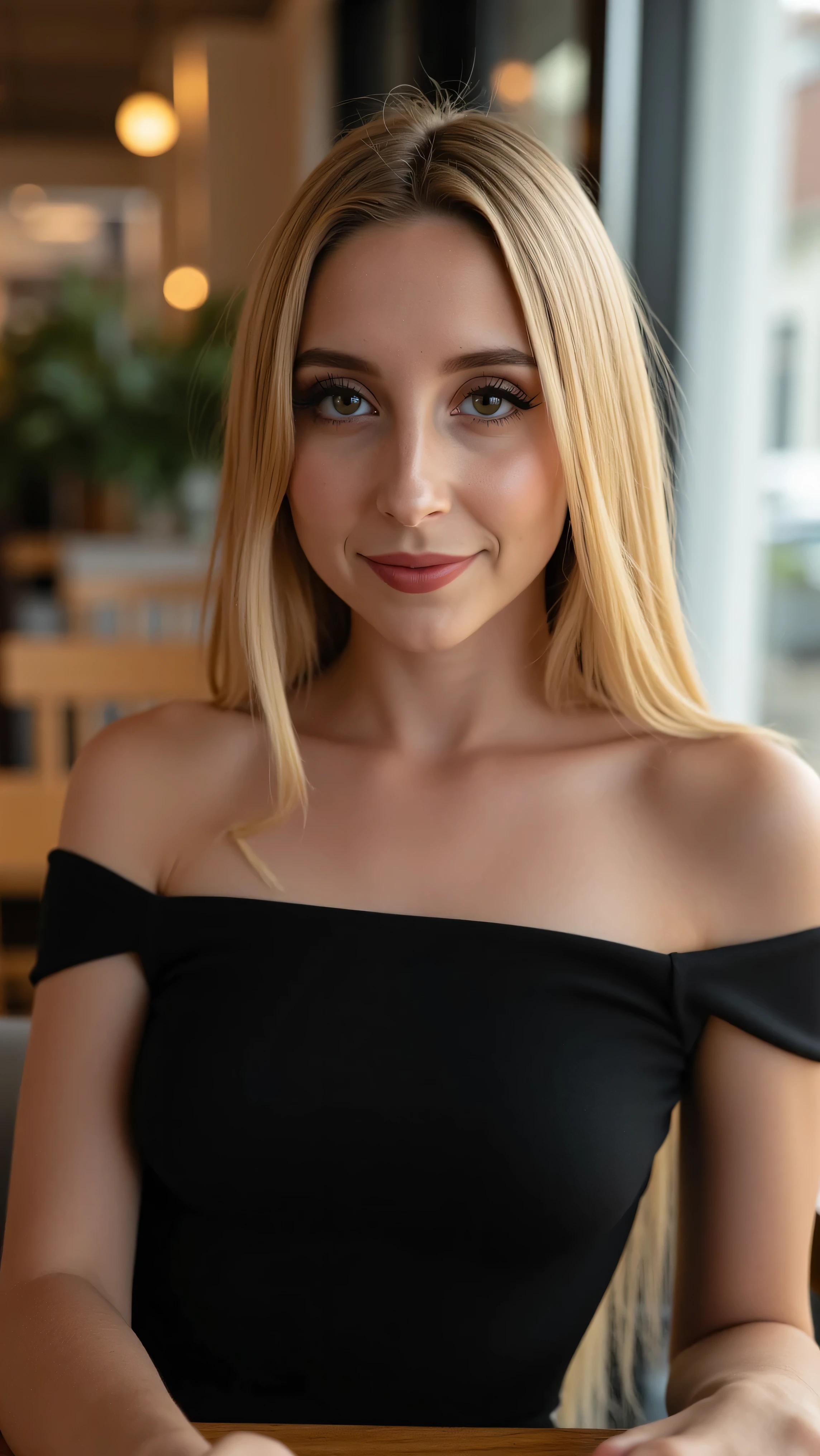 This is a beautiful closeup photograph of a woman, she has long straight blonde hair and dark blue eyes. Wearing a form fitting boatneck dress, Sitting in a cafe. Flirting at the viewer. Smile, Captured with a Sony A7R IV camera and a 50mm f/1.2 G Master lens for a beauty editorial shoot, this composition highlights her fashion-forward aesthetic. Inspired by avant-garde fashion photography from Sølve Sundsbø, this image blends contemporary fashion and minimalist elegance, embodying mythp0rt and niji_flux styles for a sleek, high-fashion vision. ((glow_skin, iridescent skin, oily skin, portrait)). ((no logo))