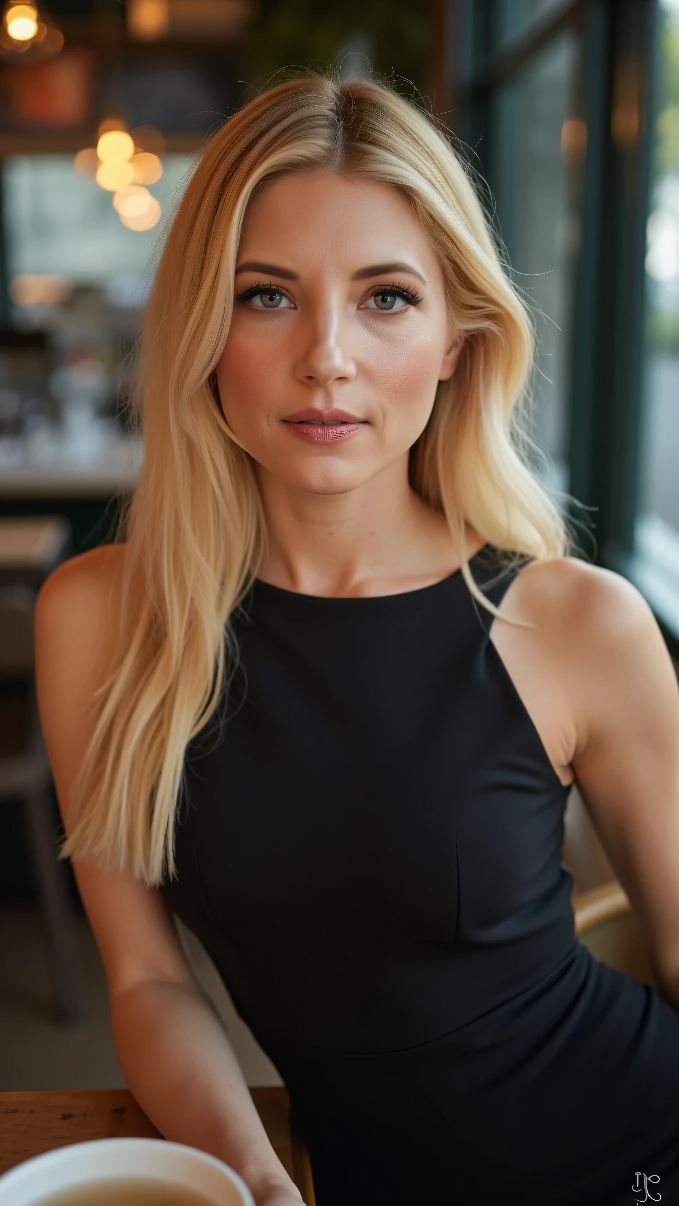 This is a beautiful  closeup photograph of a woman, she has long straight blonde hair and dark blue eyes.  Wearing a form fitting  boatneck dress,  Sitting in a cafe. Flirting at the viewer. Smile, Captured with a Sony A7R IV camera and a 50mm f/1.2 G Master lens for a beauty editorial shoot, this composition highlights her fashion-forward aesthetic. Inspired by avant-garde fashion photography from Sølve Sundsbø, this image blends contemporary fashion and minimalist elegance, embodying mythp0rt and niji_flux styles for a sleek, high-fashion vision. ((glow_skin, iridescent skin, oily skin, portrait)). ((no logo))