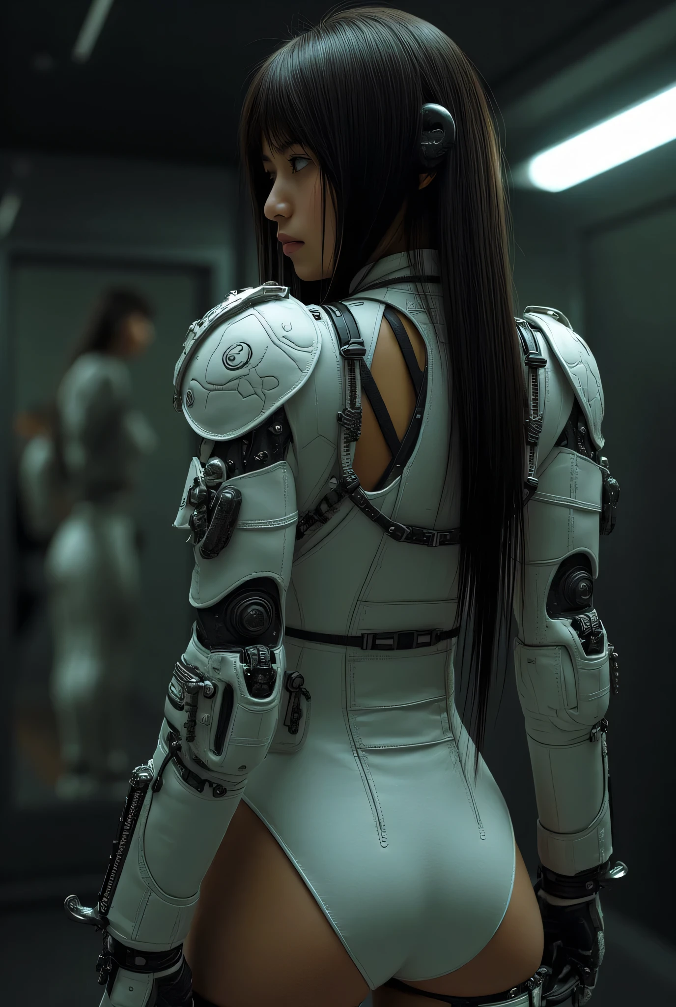 (rear view, backside view),(((Jessica Henwick con una armadura futurista de asesino ninja cyberpunk, shiny robotic ninja armor )), (dynamic pose), (Obra maestra),(cabello white canoso:1.4), (hyper realista:1.4), (realista:1.3), (Piel de textura real de la mejor calidad.),,(Fondo de ruinas de mazmorra en ruinas:1.4 ), (cinematic lighting), (Escena de pelicula), 1mujer hermosa, (luz brillante), piel muy detallada, poros de la piel, (cara muy detallada:1.1), (ojos muy detallados:1.1), alumnos realistas, (perfect anatomy:1.1), (proporciones perfectas:1.1), (Photography:1.1), (photorealista:1.1), volumetric lighting, dynamic lighting, sombras reales, (high resolution:1.1), Sharp focus, (realista, hyperrealista:1.4), intrincado, Alto detalle, dramatic, Subsoil Dispersion, gran profundidad de campo, vivid, Pulido, afilado, ((completo agudo)), (extremadamente absurdos),8khdr, ((fondo ciberpunk de la ciudad de Hong Kong)), (Jessica Henwick:1.4), (Jessica Henwick V2.1), (mechanical cyborg transparent white glass :1.4), (colores brillantes), (rear view, backside view),,(dedos manos perfectas detailed : 1.4), ,(Fondo de ruinas de mazmorra en ruinas tenebroso :1.4 ),( mostrando su trasero hermoso:1.4),( cyborg white vidrio:1.4)