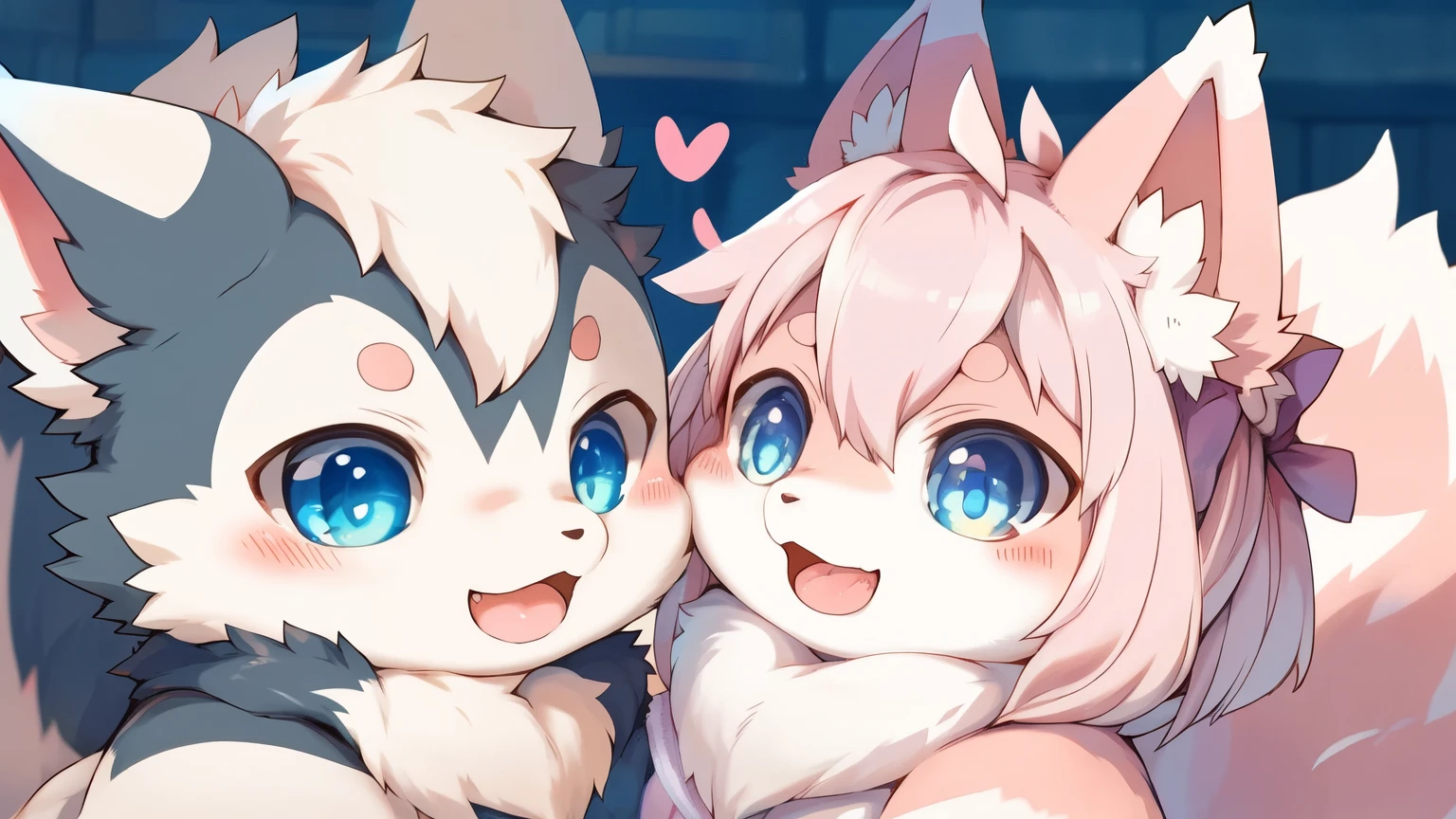 by tenyati , a lobo anthro, cute lobo anthro, kemono, Body shadows , Background of a beautiful room Pastel pink fur , Femboy anthro hair with tongue or fat body super cute anthro with humanoid features very tender and adorable blue eyes anthro Femboy duo skunk