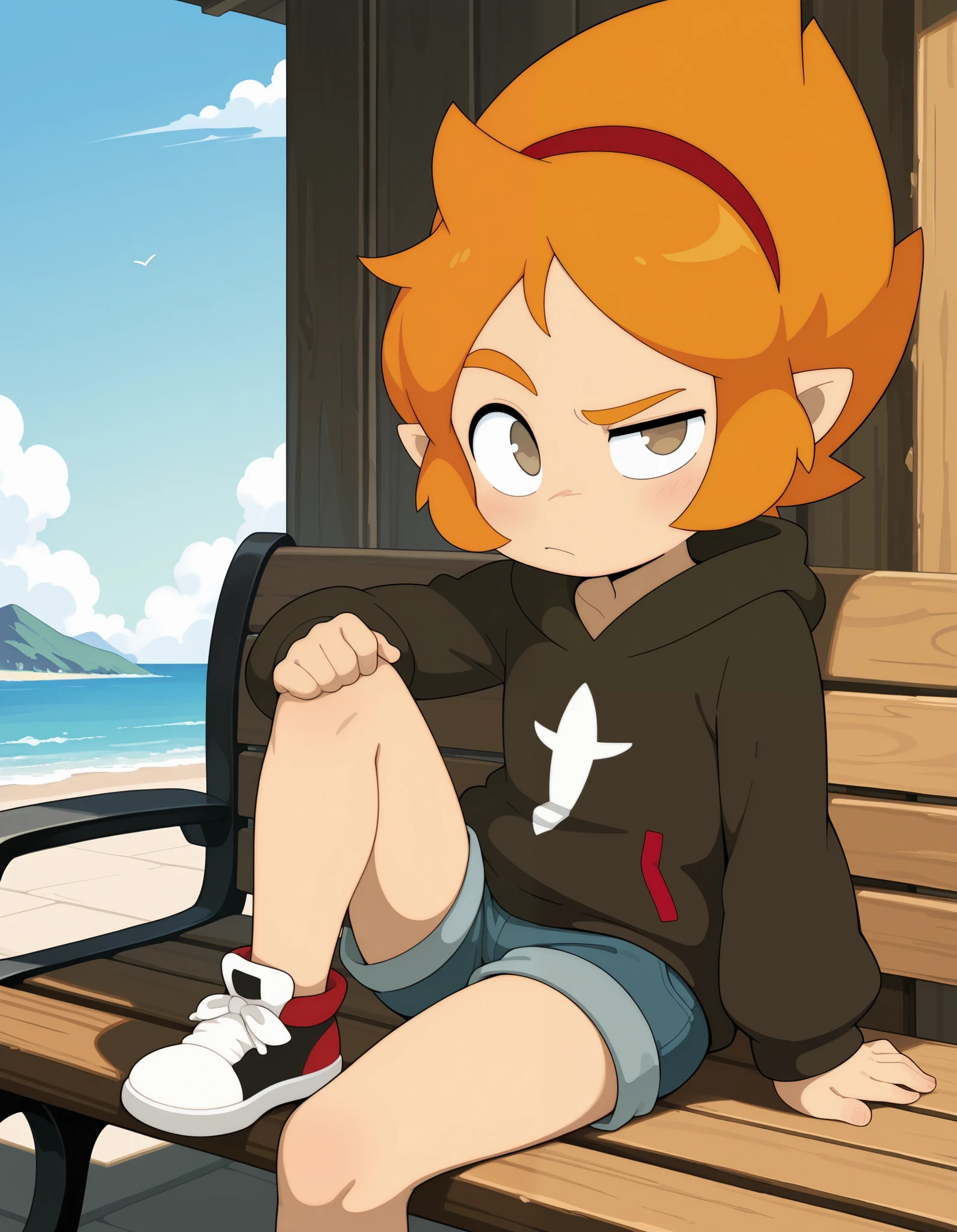illuelely, Elely (Wakfu), masterpiece,best quality,amazing quality, 1girl, solo, pointy ears, orange hair, short hair, hairband, brown eyes, denim shorts, hoodie, long sleeves, sneakers, raised eyebrow, sitting, bench, knee up, looking at viewer,