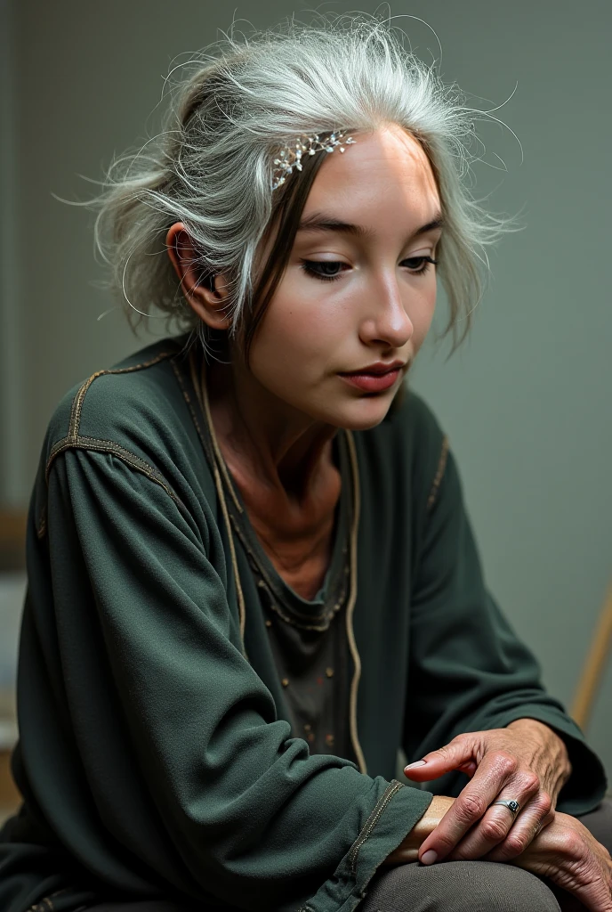 (((8k))),((Extremely meticulous CG)) ,(wallpaper),16k,((Extremely refined and beautiful))，(((Masterpiece))),(((best qualtiy))),(((Ultra High Resolution))),beautiful light up，Perfect lightning，realistic shaded，[A high resolution],(Smooth and flawless fair skin:1.5),(pale skin:1.3),Extremely exquisite facial details,(perfect body：1.1),ultra - detailed,A beautiful

A green-haired girl wears viking helmet wields the Heavy Thrusting Swords from within the Elden Ring in a reverse grip.