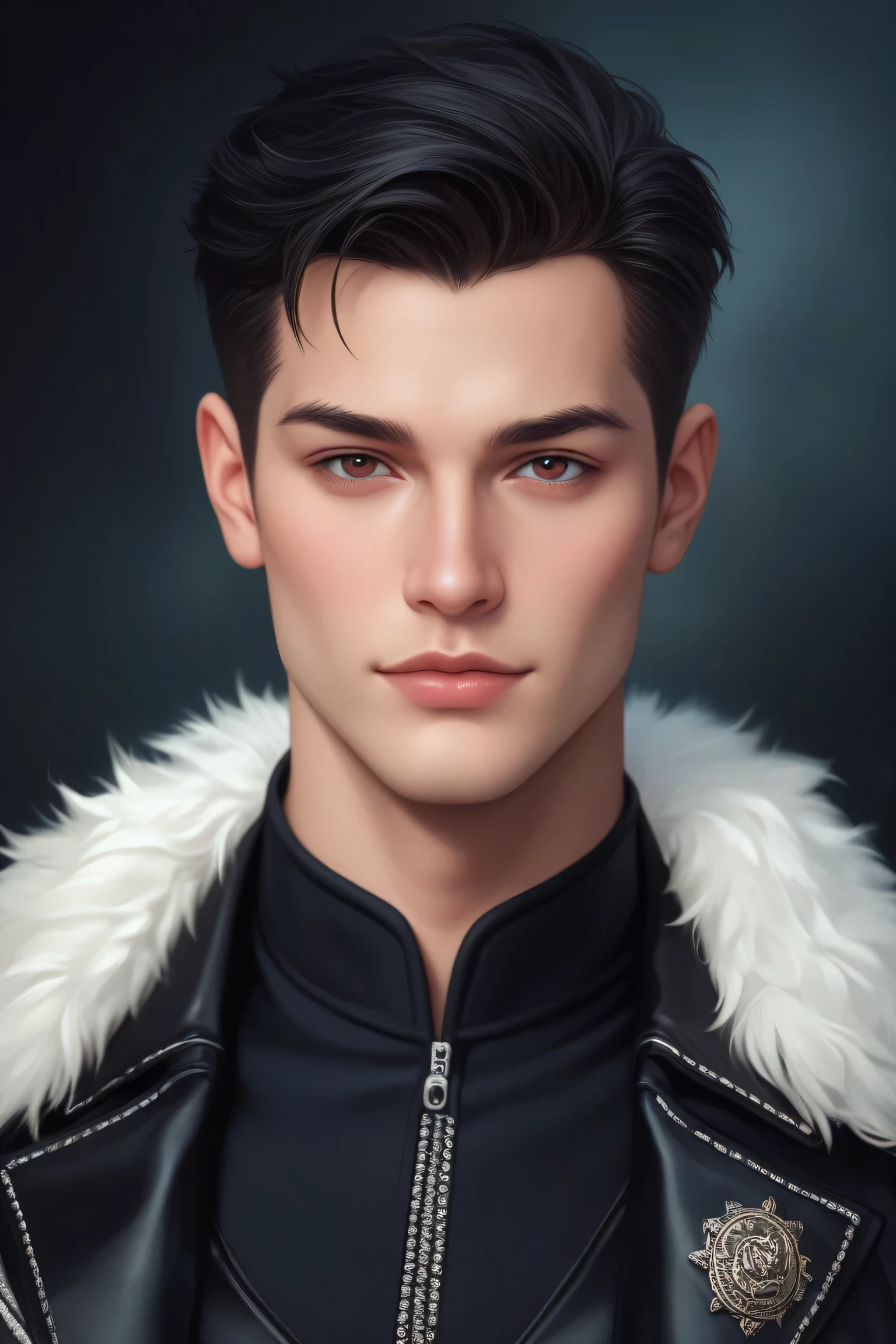 Semi-realistic image of a 22 year old man with black hair and dark ruby eyes. Has a firm jaw and appears to be emotionless.Has a sharp and manipulative gaze.Has a calm and cunning expression.Has a masculine and dominant aura.Having a healthy and fit body. Wearing a black jacket,Looks firm, smart and very cunning,Have an aura that can captivate others,looks calm and .Has a strong and authoritative mafia aura.Seems cruel and sadistic but also cunning.Has a firm and authoritative appearance, Very manipulative and has a strong charm,Having the aura of a dominant Alpha male.
Posing casually, looking attractive