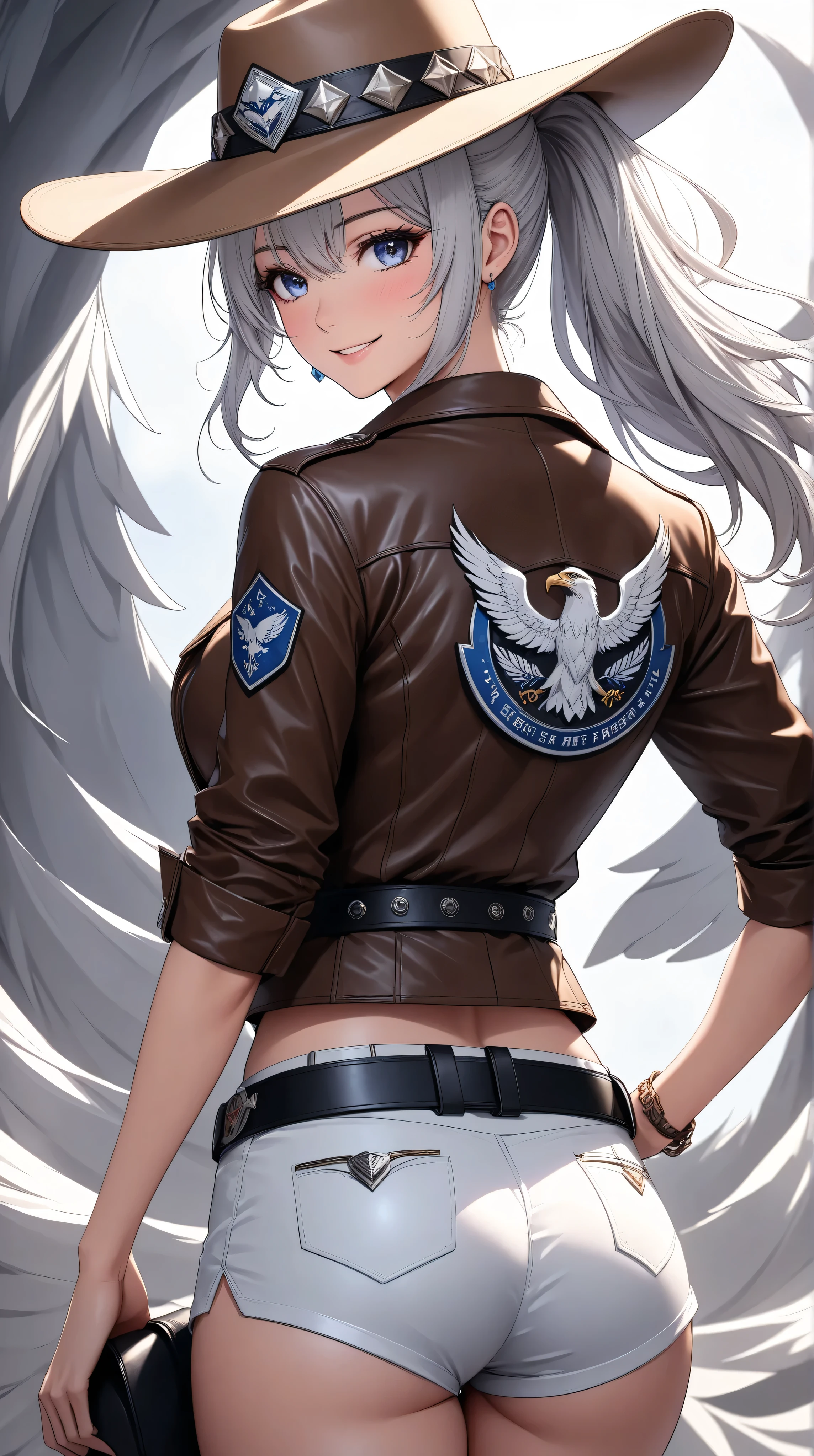 (Score_9, Masterpiece, Top Quality), 1 girl, (Beautiful shiny silver hair: 1.2\ Ponytail, Beautiful jewel-like eyes full of life and vitality:1.2, Cheerful expression), (Clothing\[Cowboy hat, Brown leather jacket with rolled up sleeves\Strong shine\White eagle emblem symbolizing freedom, Black and white hot pants, Large belt, Realistic and detailed wrinkles and shading in the clothes: 1.3, Impossibly beautiful wrinkles in the clothes) BREAK (Posture\Standing, Turning her back: 1.1, Looking back with her back: 1.1, Back: 1.2, Holding the brim of her hat)
