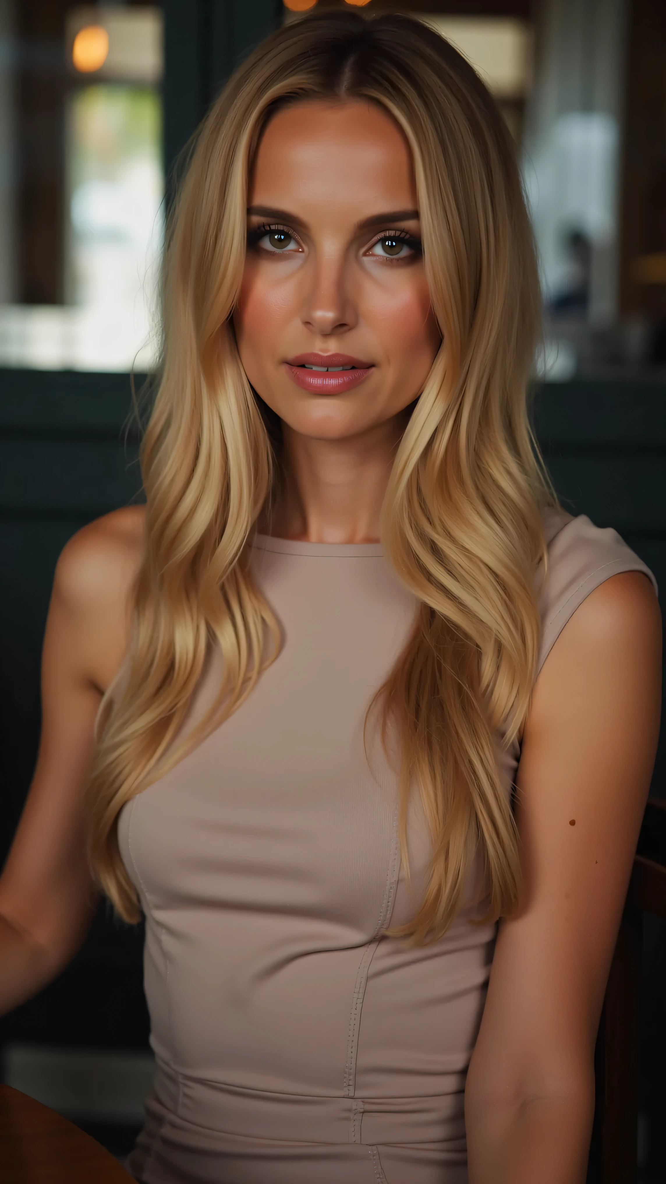 This is a beautiful  closeup photograph of a woman, she has long straight blonde hair and dark blue eyes.  Wearing a form fitting  boatneck dress,  Sitting in a cafe. Flirting at the viewer. Smile, Captured with a Sony A7R IV camera and a 50mm f/1.2 G Master lens for a beauty editorial shoot, this composition highlights her fashion-forward aesthetic. Inspired by avant-garde fashion photography from Sølve Sundsbø, this image blends contemporary fashion and minimalist elegance, embodying mythp0rt and niji_flux styles for a sleek, high-fashion vision. ((glow_skin, iridescent skin, oily skin, portrait)). ((no logo))