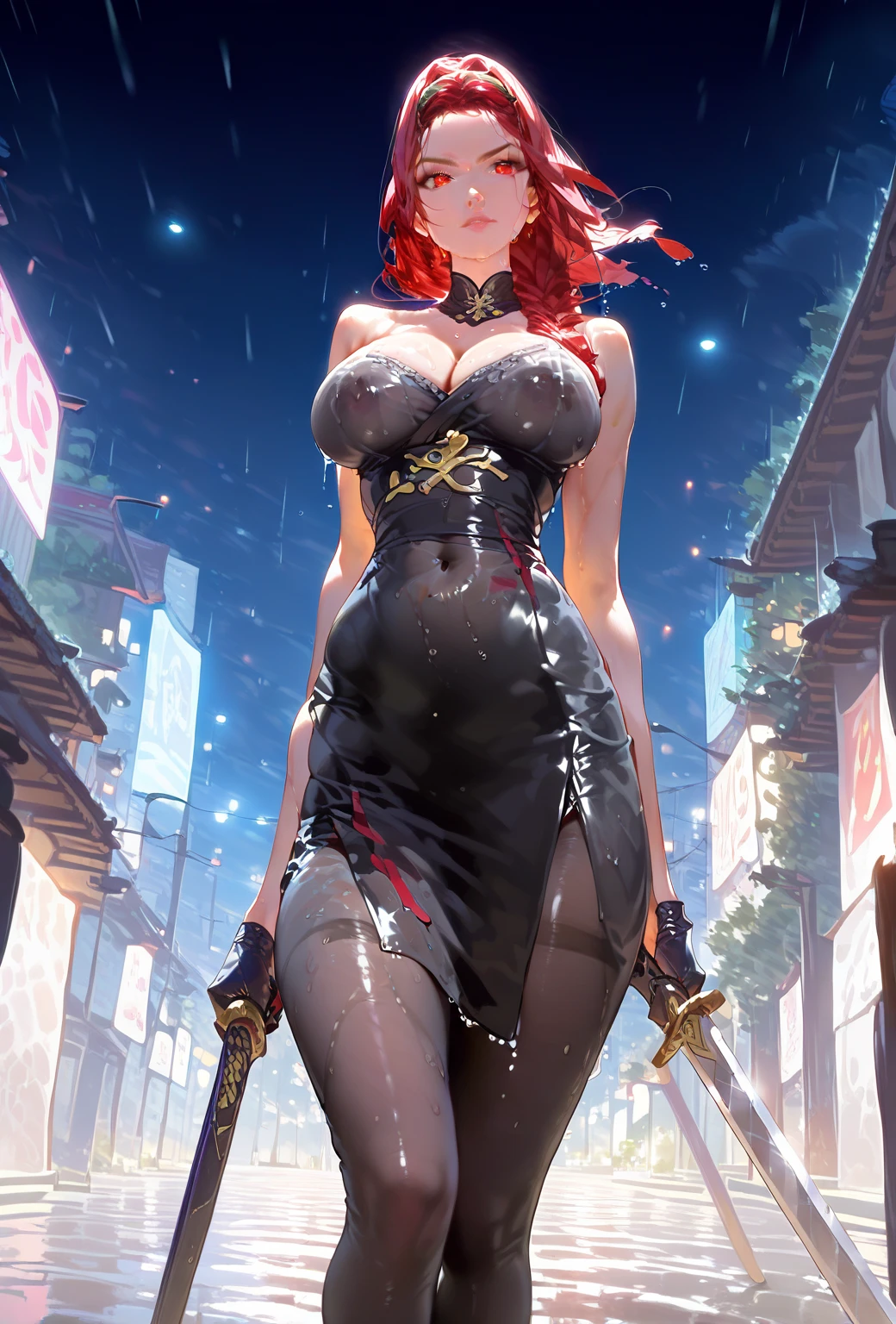 mature woman, 1 girl, alone, alone (masterpiece, best quality, very detailed), sharp focus, detailed face, face focus, focus on face, very detailed eyes, ultra long cyclamen hair, (cyclamen highlights: 1, 3) , side bottom braid, cyclamen red eyes, (sparkling eyes: 1.2), long eyelashes, (strong blush: 1.2), delicate makeup, ((ball lace dress, long skirt, lace, elegant)), cross earrings, ear piercing, cinematic lighting, edge lightning, shading, dynamic angle, sharp image, perfect quality, perfectly crafted background, beautiful warm lights, sexy, close-up, portrait, solo, flows, rose garden, red roses in a castle garden, SOLO,