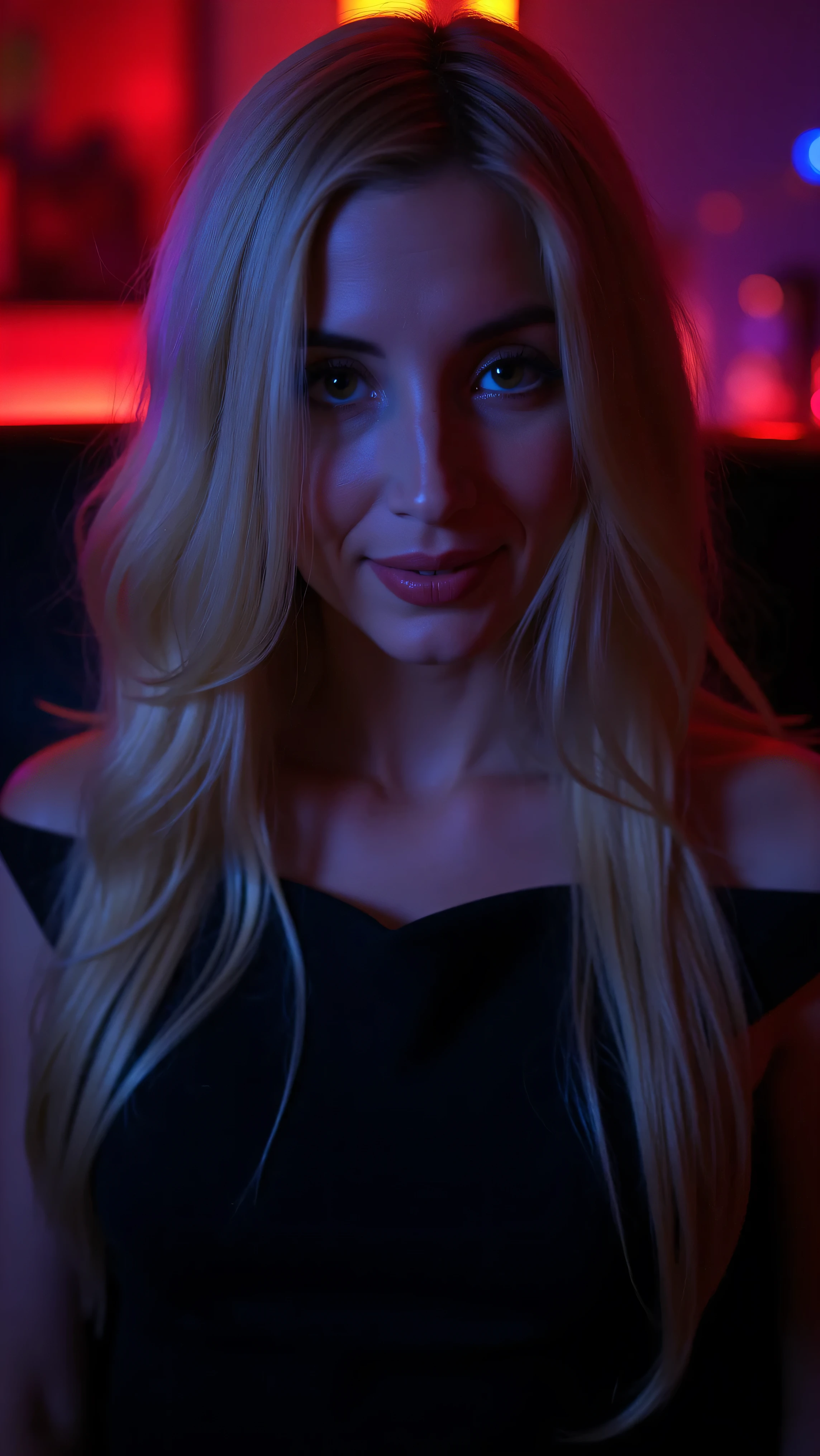 This is a beautiful closeup photograph of a woman, she has long straight blonde hair and dark blue eyes. Wearing a form fitting boatneck dress, in a nightclub, dark, neon lights. Flirting at the viewer. Smile