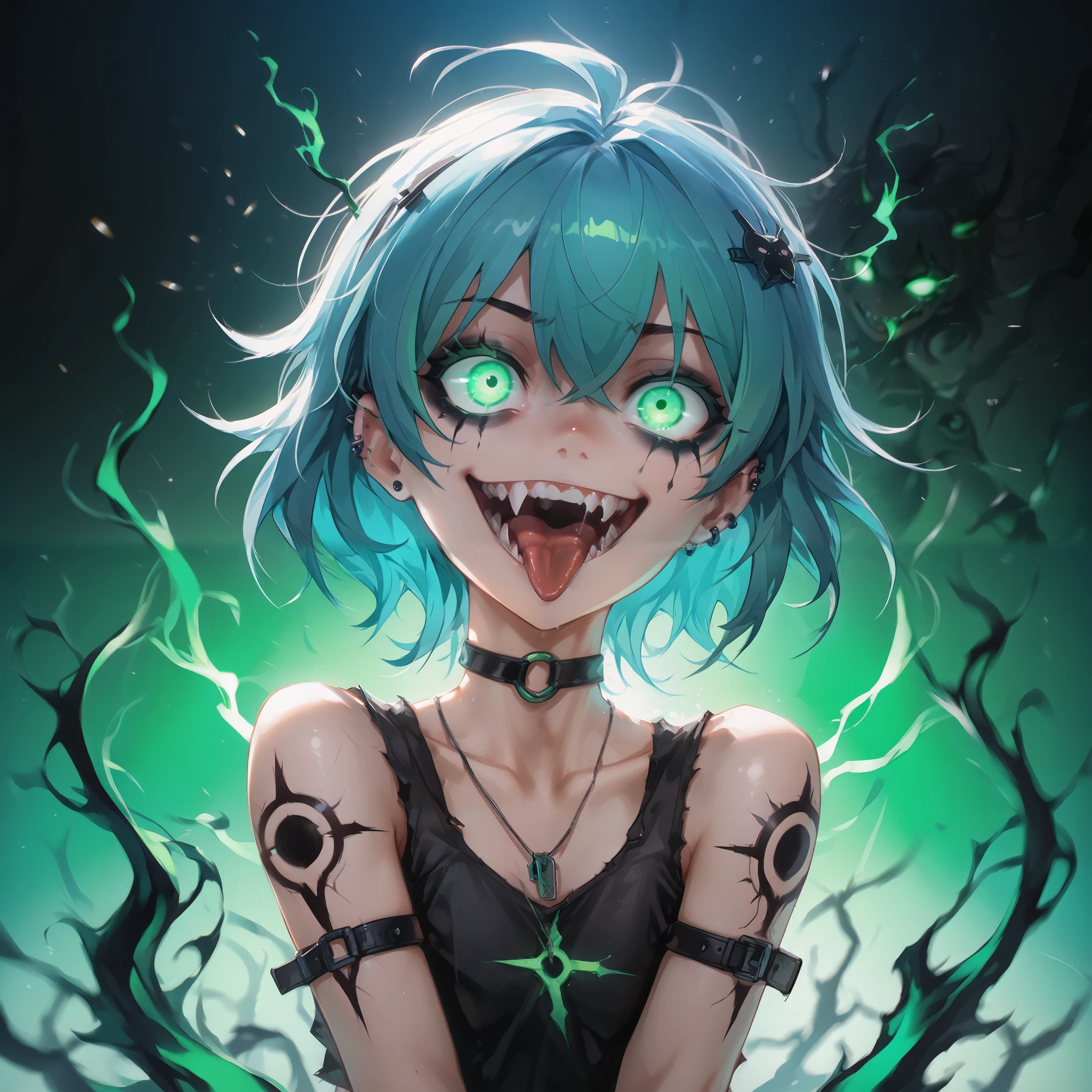 ( Ultra-detailed), ( masterpiece ), ( best quality), ( depth of field), (sharp focus), ( cinematic lighting ), (vibrant neon green), 1 , crazy smile, dams,  with tongue sticking out ,  glowing eyes,  Gothic style,  short hair,  dark makeup , black tattoos, piercings de prata, psychotic, psycho, A dark lighted anime female with green glowing eyes, deep eyes, neon blue hair and a lot of blue energy, psycho smile, ((green flames in the background)), sharp teeth, battle pose, (((green gradient background:1.4))), energy, Energetic, phonk, Brazilian phonk, Simple Design, Simplified --s 100 --niji 5 --ar 1:1