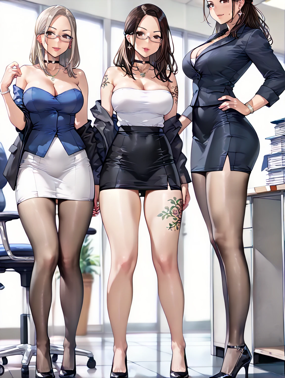 masterpiece, best quality, official art, extremely detailed, perfect hands, perfect eyes, 3girls, flight attendant, different uniforms, tight uniforms, high heels, airport