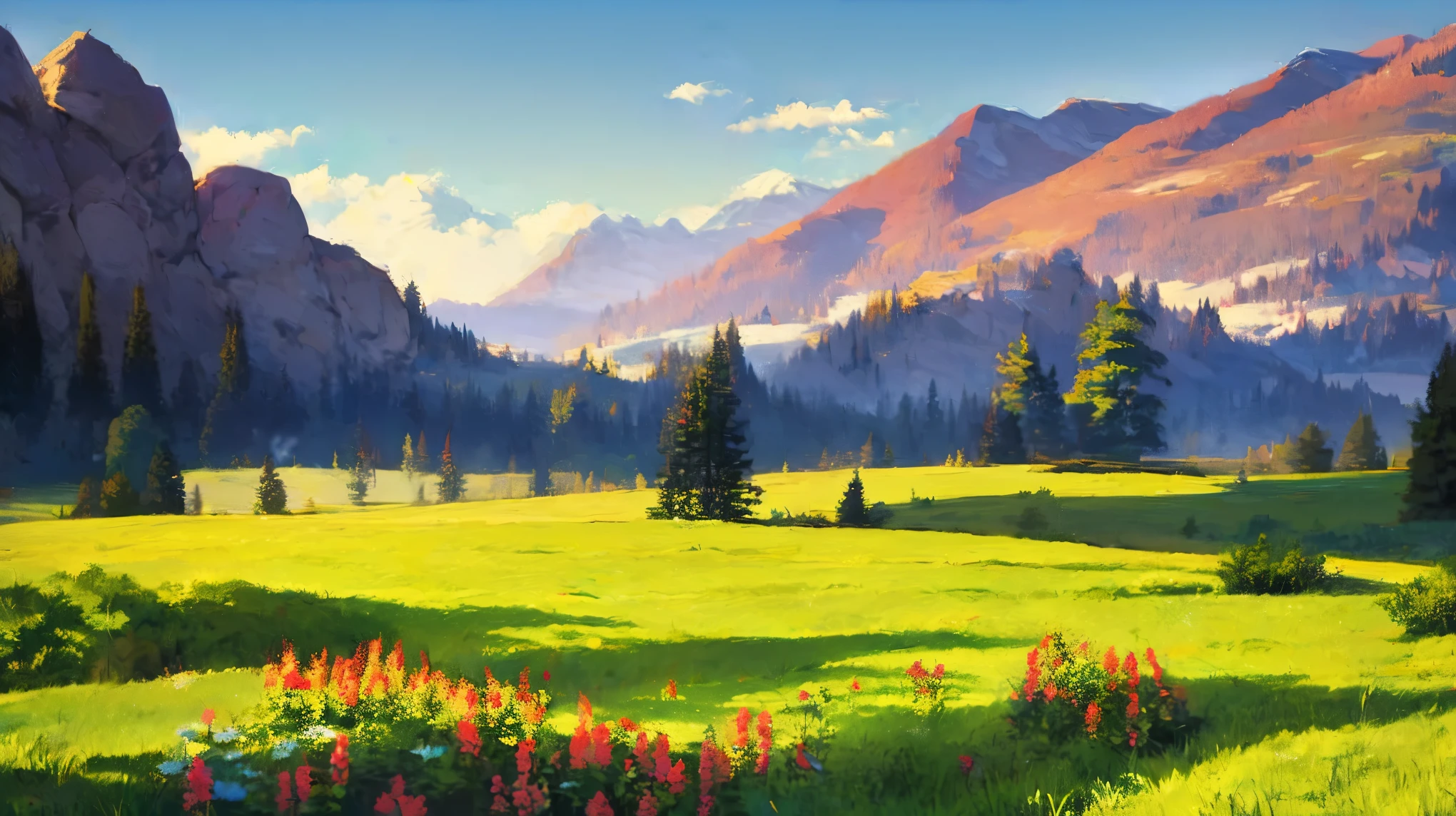 A is drawing with paint,Background meadow, Sky, looks up at the , Distant Scenery , landscape