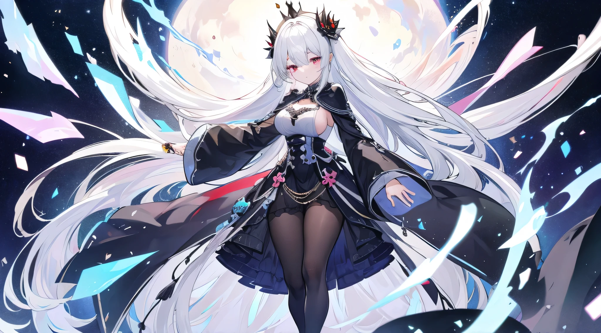 Maiden, black robe, hood, cape, red eyes, long white hair, faint smile, sitting on a black throne, bare legs