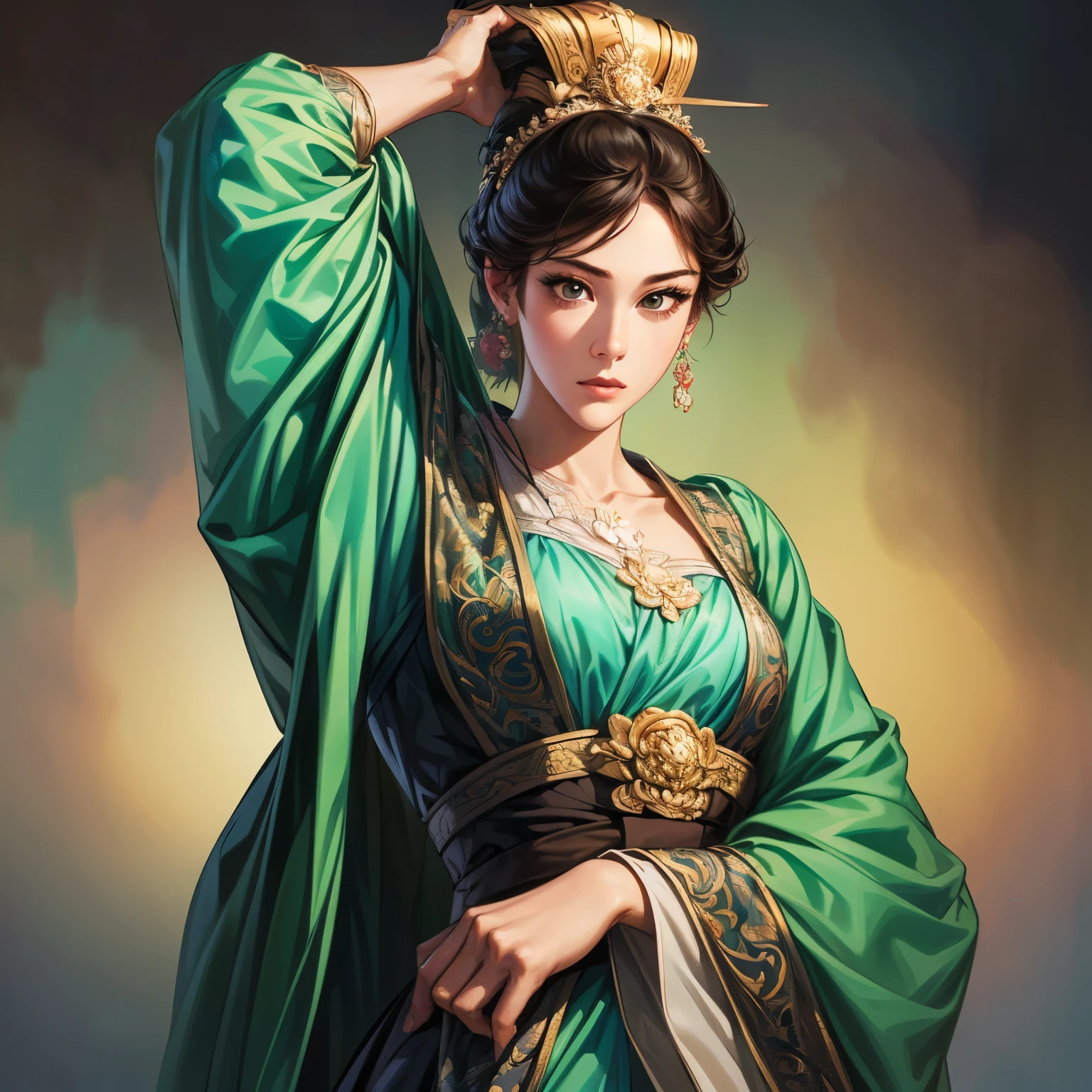 (( from the thigh to the top of the head)), beautiful woman in rococo style, oil painting, Illustration of Three Kingdoms Jiyeon , Female solo, detailed face , perfect hand , watercolor landscape background , ( top quality, 4K, 8k, high resolution, masterpiece: 1.2), Create an image of detailed eyes and face , long lashes, studio light , Elegance