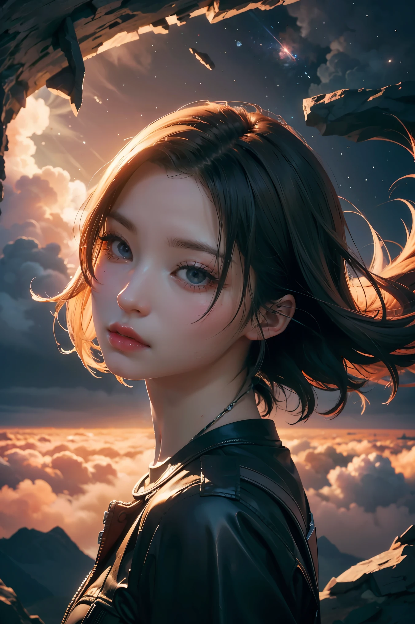 (alone) inconceivable and spectacular an emergency scene of a cloud figure Sophie Turner in a cosmic cloud, Fractal Nebula, cosmic, heavenly, Vibrant and vivid entities, whirlwind, spinning, unrealistic, high contrast, symbolism, Magic, mystery的な, mystery, surreal,