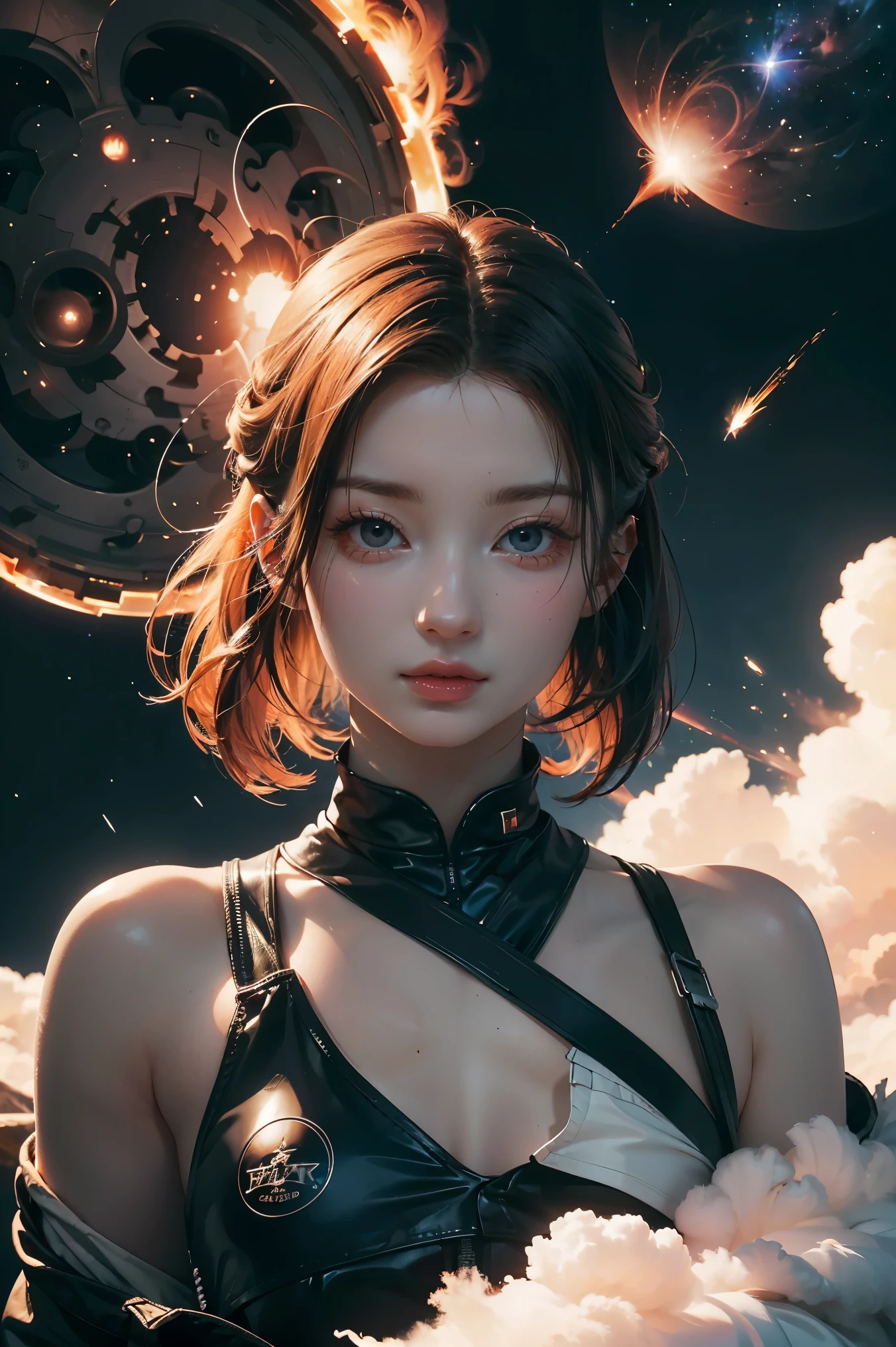(alone) inconceivable and spectacular an emergency scene of a cloud figure Sophie Turner in a cosmic cloud, Fractal Nebula, cosmic, heavenly, Vibrant and vivid entities, whirlwind, spinning, unrealistic, high contrast, symbolism, Magic, mystery的な, mystery, surreal,