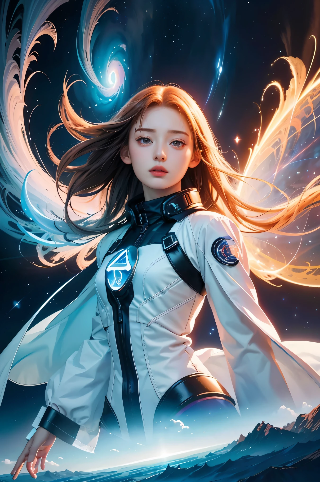 Spacewalk、The subject is small、bail_particle,bail_OK,Lines of Light,光のparticle,A girl made of particle,The density of OK at the finger part is high,(Gray Hair:0.3),