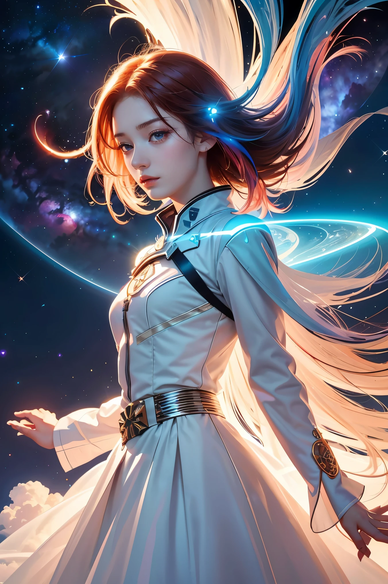 (alone) inconceivable and spectacular an emergency scene of a cloud figure Sophie Turner in a cosmic cloud, Fractal Nebula, cosmic, heavenly, Vibrant and vivid entities, whirlwind, spinning, unrealistic, high contrast, symbolism, Magic, mystery的な, mystery, surreal,