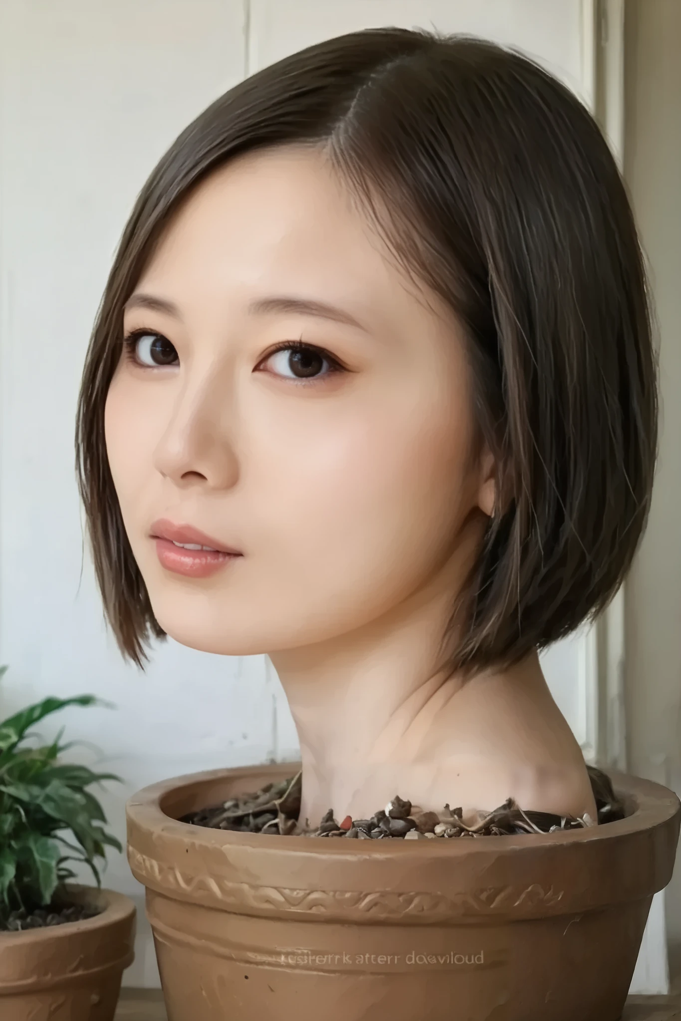 score_9, score_8_up, score_7_up, rating_safe, source_real, high resolution photograph, photo realistic, masterpiece, best quality, amazing quality, very aesthetic, absurdres, newest, intricate details, extremely detailed, professional lighting, 1girl, solo focus, (disembodied head of a young Japanese woman in a (flower-pot) on the table:1.2), face focus, close-up of her head, short bob cut black hair with forehead, detailed face, detailed eyes, sophisticated nose, BREAK, (1penis, having blowjob play), BREAK, (view from side:1.4), looking at the viewer, outdoors, daylight,,