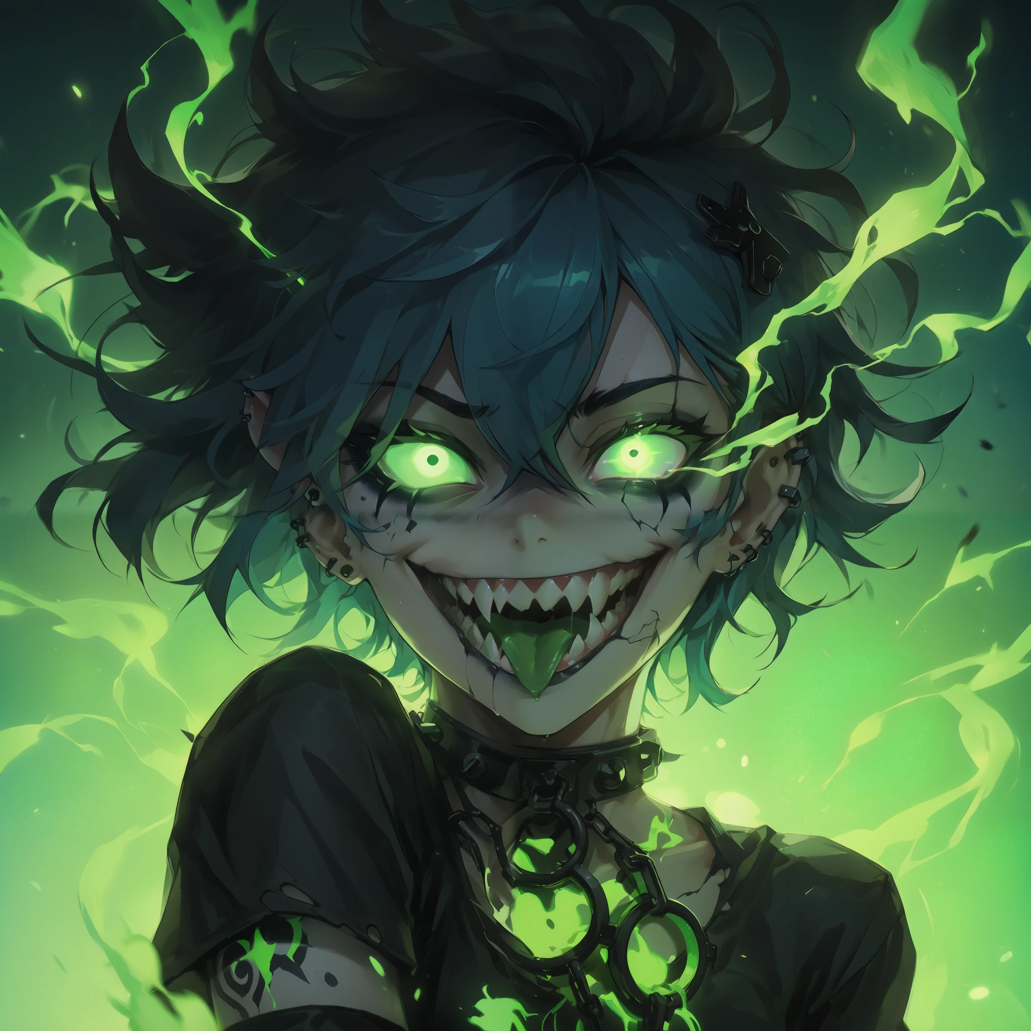 ( Ultra-detailed), ( masterpiece ), ( best quality), ( depth of field), (sharp focus), ( cinematic lighting ), (vibrant neon green), 1 , crazy smile, dams, with tongue sticking out , glowing eyes, Gothic style, short hair, dark makeup , black tattoos, piercings de prata, psychotic, psycho, A dark lighted anime female with green glowing eyes, deep eyes, neon blue hair and a lot of blue energy, psycho smile, ((green flames in the background)), sharp teeth, battle pose, (((green gradient background:1.4))), energy, Energetic, phonk, Brazilian phonk, Simple Design, Simplified --s 100 --niji 5 --ar 1:1