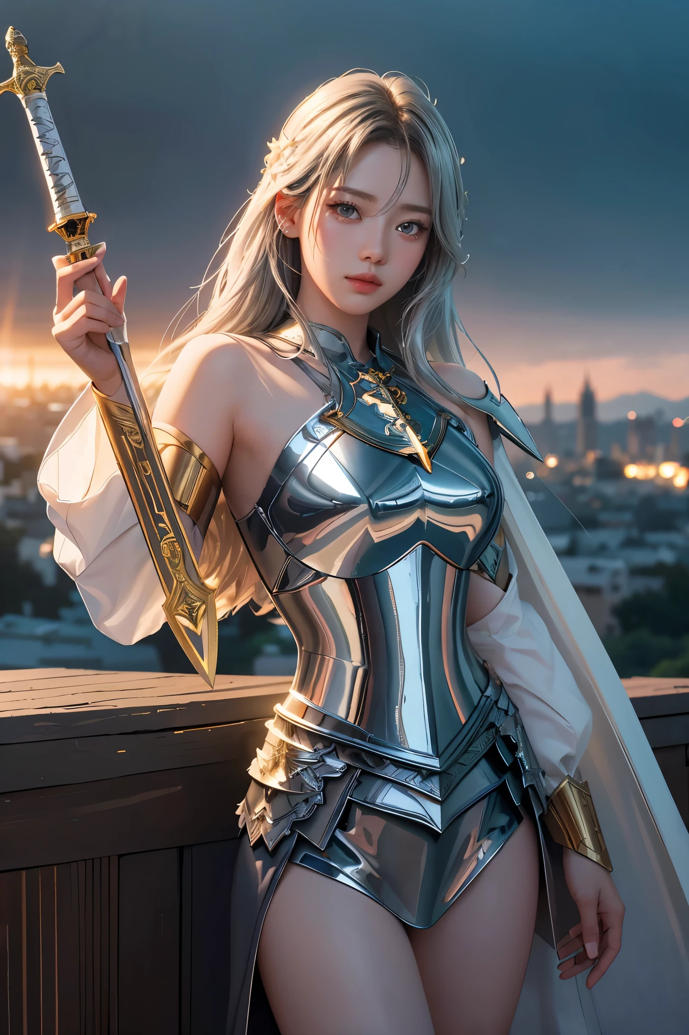 (masterpiece, best quality), A paladin holding a light infused sword, light magic, divine, magewave, silver and gold, 4k, dark cityscape, Fujifilm