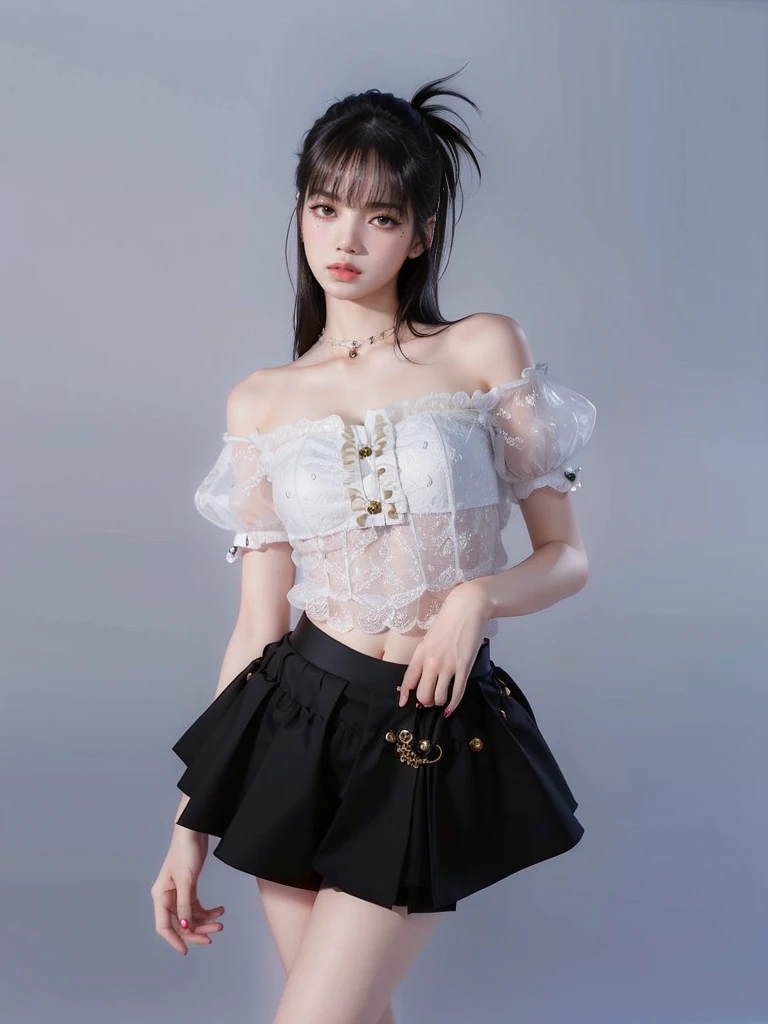 (highest quality, masterpiece), One girl, Intricate details, Short sleeve off shoulder lace,See-through,mini skirt, choker, Frills, View your viewers, blush, Upper Body, Blurred Background, Floral print, Contrasting,Above the knee shot,((nsfw)),White panties,