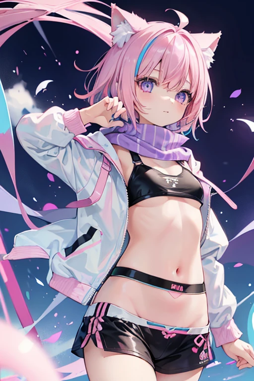 NSFW,Very beautiful and shining eyes、shining eyes、1 girl、small breasts、big mouth、small breasts、Cat ear、Transparent pink short hair、scarf、hot pants、7 year old girl、childish clothes